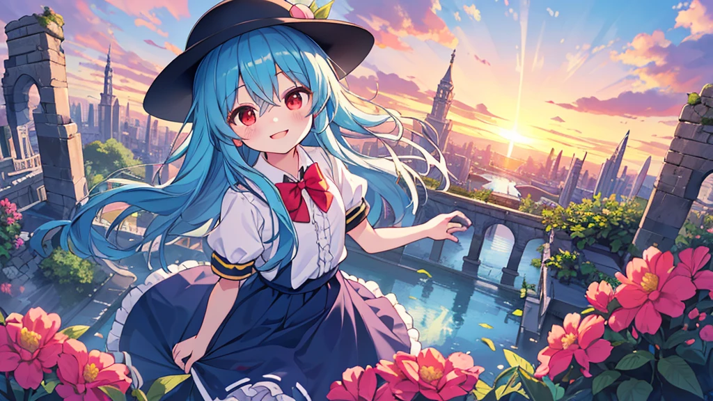 8k detail wallpaper,wallpaper,official art,
1girl, (full body:0.8),(close up face:1.1),Fantastic,dramatic angle,Fantastic angle,(dynamic angle:1.2),drastic angle,dynamic pose,drastic pose,
black headwear, blue hair, blue skirt, long skirt,blue sky, bow, bowtie, cloud, cloudy sky, cowboy shot, day, floating island,  frills,  grass, hat,( hinanawi tenshi), leaf, long hair, looking at viewer,  peach, puffy short sleeves, puffy sleeves, red bow, red bowtie, red eyes, short sleeves, skirt, sky, (solo:1.2), standing, very long hair,shirt,
(skirt billowing dramatically:1.1),very long skirt, very large skirt,kawaii face,childish face, ultra kawaii face,
hairs between eyes,young girl,Facing the lens,colorful,scenery,happy,[lover's:friendly:0.4] smile,extremely detailed eyes,happy face,innocent  face,very cute face,anime eyes,flushed cheeks,ultra quality,,
floating island,firmament,mythology,floating garden in the sky,city floating in the clouds,
ancient ruins floating in the sky, lush floating garden, colorful flowers and exotic plants, small waterfalls, sky at sunset, orange, pink, purple hues, serene utopian atmosphere, harmony between nature and  ancient city,
(close mouth),
Utopia,Shangri-La,Arcadia,Eden,
best quality,ultra-detailed,masterpiece,
