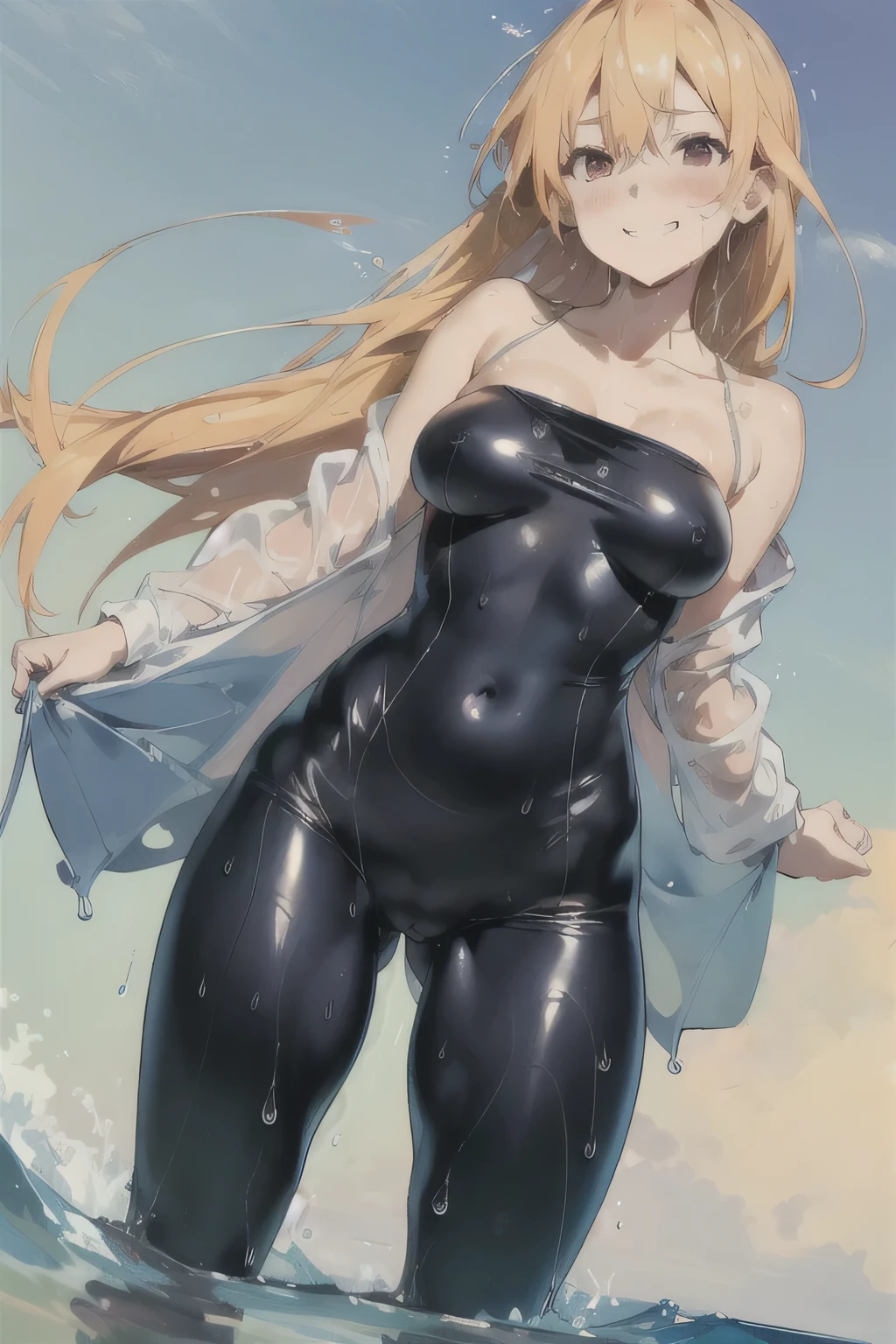 ,Big Breasts,Happy, Sundress, abundant,Gradient, extreme,color, Extreme,detail, Clear light perception, butt, (many, Impressionism, painting), Anime Characters,Fluid between thighs,flowing liquid,Disheveled,Clothing that fits snugly,broken,Chest contour,(((Wet clothing))),Tube Top,(((Ultra-thin clothing))),(Body model),((Flesh outline)),Grinning, blush,Hyperactive expression,Cover the crotch