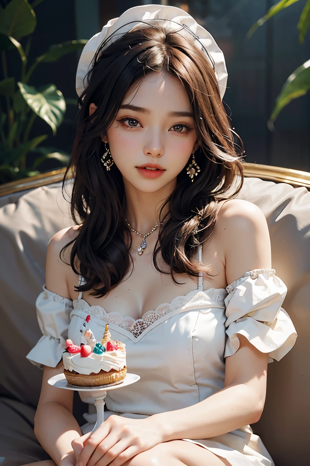 UHD (Ultra High Definition), 4K, Realistic, High Resolution,
A scene of a pretty woman's birthday celebration,
Sitting gracefully on a sofa with a small white Pomeranian,
Its paws gently crawling on her lap,
Opposite a beautifully decorated birthday cake,
She closes her eyes and makes a wish,
Her delicate facial features radiate joy and happiness,
Approximately 25 years old, with white skin,
Large breasts, adorned with attractive jewelry,
Detailed and delicate facial features,
Realistic rendering of every line and curve,
High Resolution brings out the clarity and texture,
U