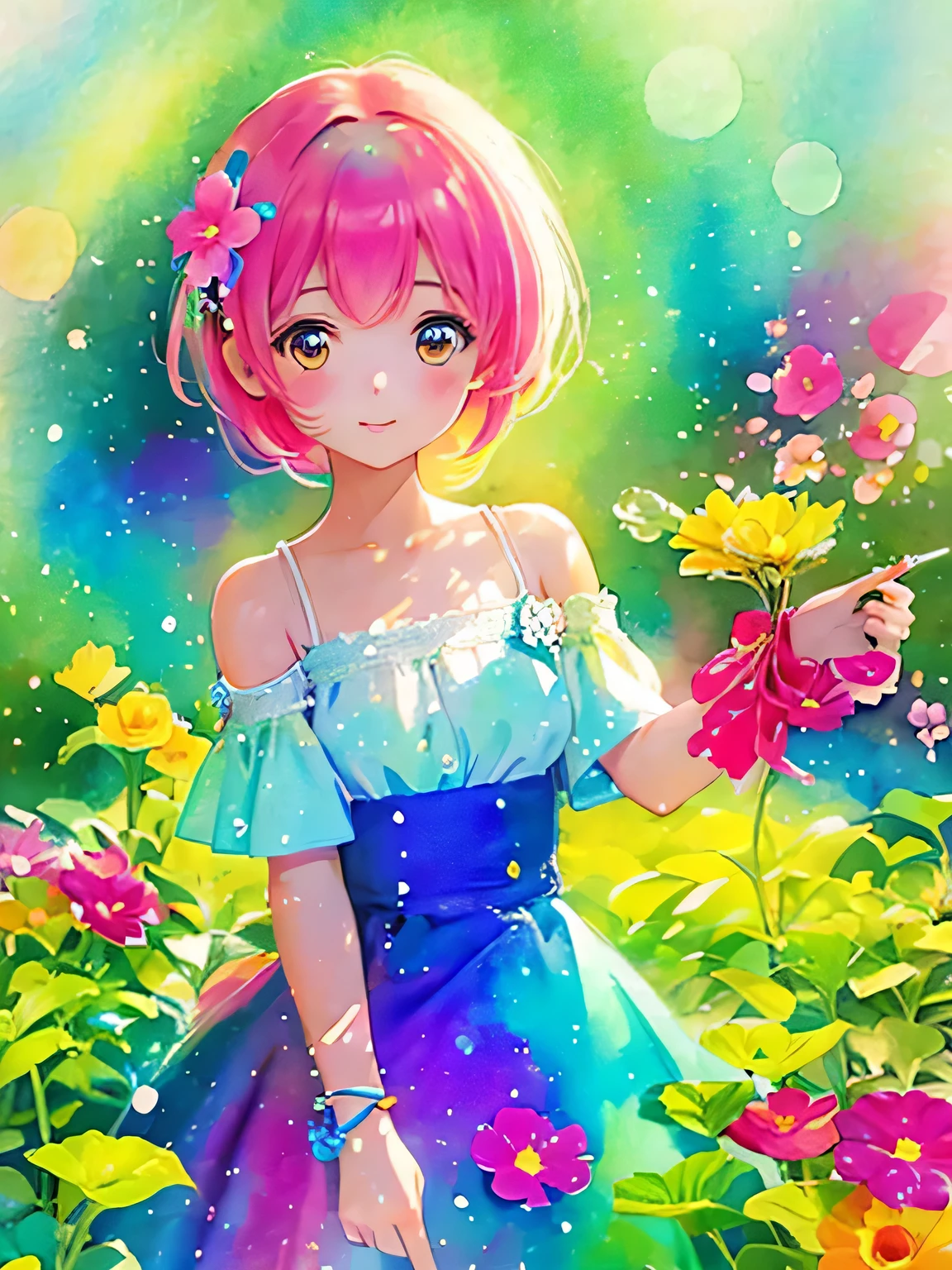 Momoko Sakura style、8K Quality、Intense watercolor, Detailed watercolor art, Watercolor splash, Surreal, avant-garde pop art, Beautiful and expressive paintings, Beautiful artwork illustration, Very colorful tones, wonderful, Cool beauty, highest quality、Official Art, Vector art, Stylish design, (((The most beautiful girl))), (((highest quality))), HDR, ((detailed)), (((Doodle Art)), ((masterpiece)), ((Super detailed)), (((Colorful flowers))),(((Stylish))),