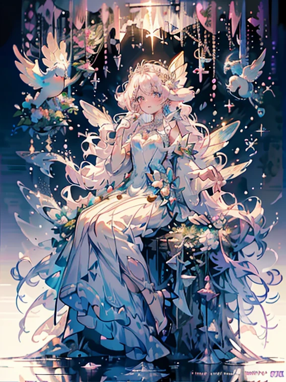 (highest quality, masterpiece, Very detailed, Very detailed, Exquisite, 16k,Full HD),Beautiful Face,Pull,Golden Ratio,Dramatic lighting,(pastel colour),smile,play,There are lots of bubbles floating,Floating on water,Soft lighting, ((alone:1.5)),Ocean,((whole body)),(Fairy Princess, Purple eyes, Long eyelashes,White skin,slim,pale pink plump lips,Pale pink cheeks, Silver fluffy hair,thin and long,Water Manipulation Magic,Small fish silhouette,Bubble Magic,(thin and high nose,Small Nose),(A pair of giant fairy wings growing from just above his waist..),(diamond and Pearl tiara,Pearl earrings,Pearl necklace),(Light blue and white ball gown dress:1.1,Dress that melted in water,Pure white lace and frills,Pearl),(smile:1.2), (Fantasy, Romantic atmosphere), Magic Light,