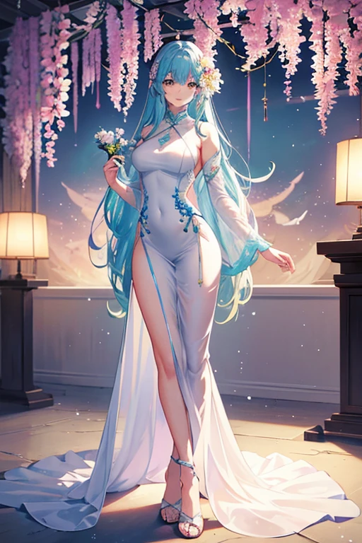 花畑に座っているシースルーの白いドレスを着たwoman, Mysterious and dreamy, Mysterious beauty, a stunning young Mysterious figure, dreamy and Mysterious, Shirahime cut hairstyle, Mysterious!!!!!!!, Mysterious fairytale, Beautiful maiden, Pale, snow-white skin, Mysterious!!!, by Torii Kiyomoto, Fairy Core, very Mysterious, extremely beautiful and Mysterious、there is a bouquet of Flowers that is sitting on a chair, colorful Flowers bouquet, bouquets, ❤🔥🍄🌪, bouquet, colorful Flowers, Bright and soft colors, colorfulなパステル, 明るいpastel colour, 明るいpastel colour, pastel colour, colorful pastel, beautiful Flowers, beautiful colorful, Flowers!!!!, colorful, Beautiful colors, 🌸 🌼 💮、壁の上に立つ青いドレスを着たwoman, Translucent dress, transparent gray dress, sexy gown, Narrow waist, long gown, Long dress female, Overall view, Fantasy Dress, Low Cut Dress, Open dress, wearing long gown, See-through dress, fantasy long intricate gown, Long dress, gown, wearing an evening gown, woman, ゴージャスなwoman