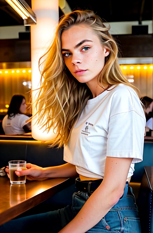 Belle femme, Cheveux blonds, lisses et long, carry a white sans printed t-shirt, porter une ceinture en cuir, vue de face (assis dans un restaurant moderne la nuit), Cara Delevingne, Very detailed, 30 ans, natural wavy hair, yeux bleus, High resolution, chef-d'artwork, best quality, intricate details, Very detailed, sharpness, detailed skin, Realistic skin texture, texture, Detailed eyes, professionnel, 4k, Prise de vue avec Canon, 85mm, faible profondeur de champ, Vision des couleurs Kodak, corps parfaitement ajusté, extremely detailed, Photo_\(ultra\), PhotoRealistic, Realistic, Post-traitement, Maximum details, roughness, vrai vie, ultra Realistic, Photorealism, Photography, 8k euh, Photography (grain de film) medium shot for a close-up with dark, atmospheric lighting