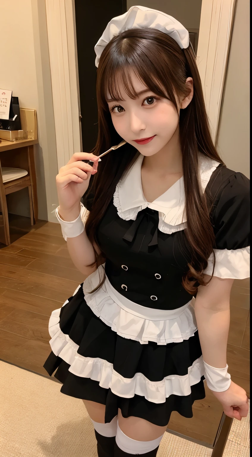 Japanese Beauty、Brown Hair、Black maid outfit with white apron、Cosplay、Selfie、Striped knee-high socks