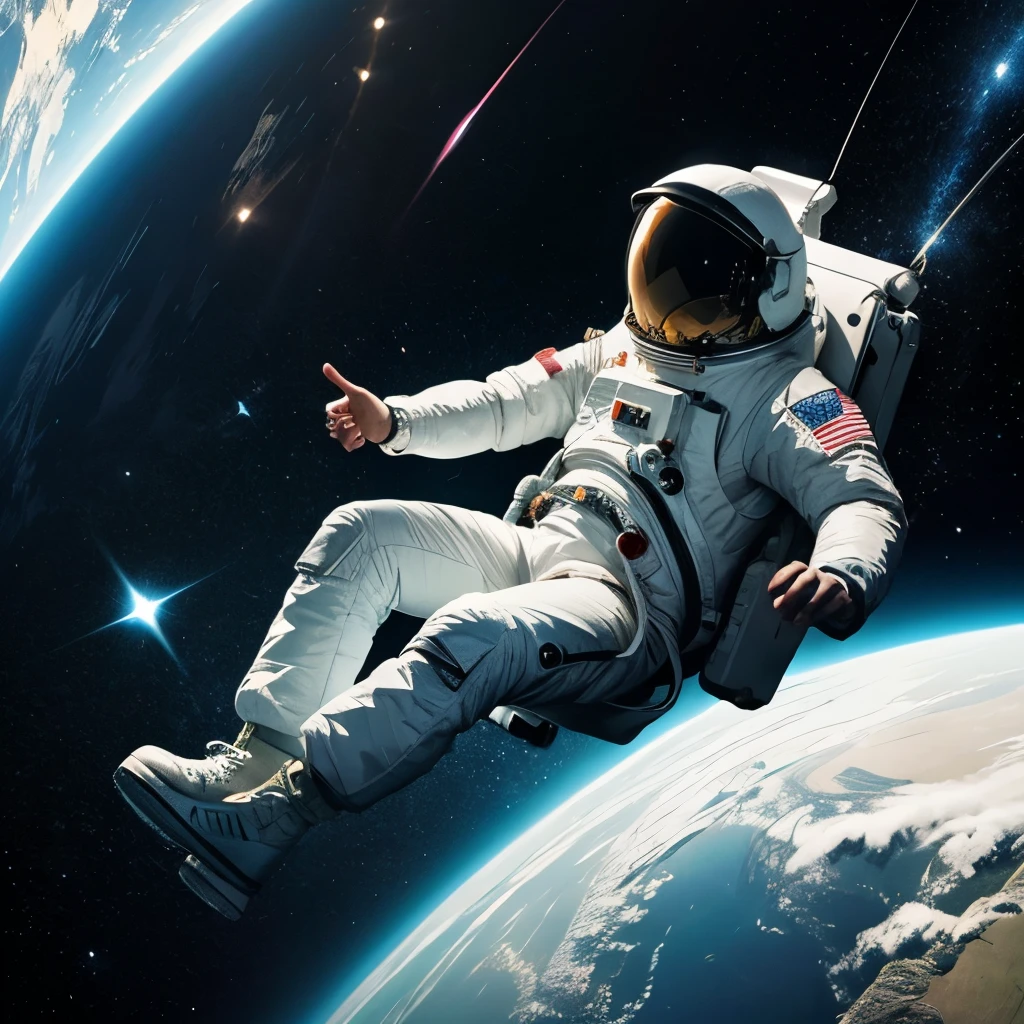 A Space man floating while holding phone