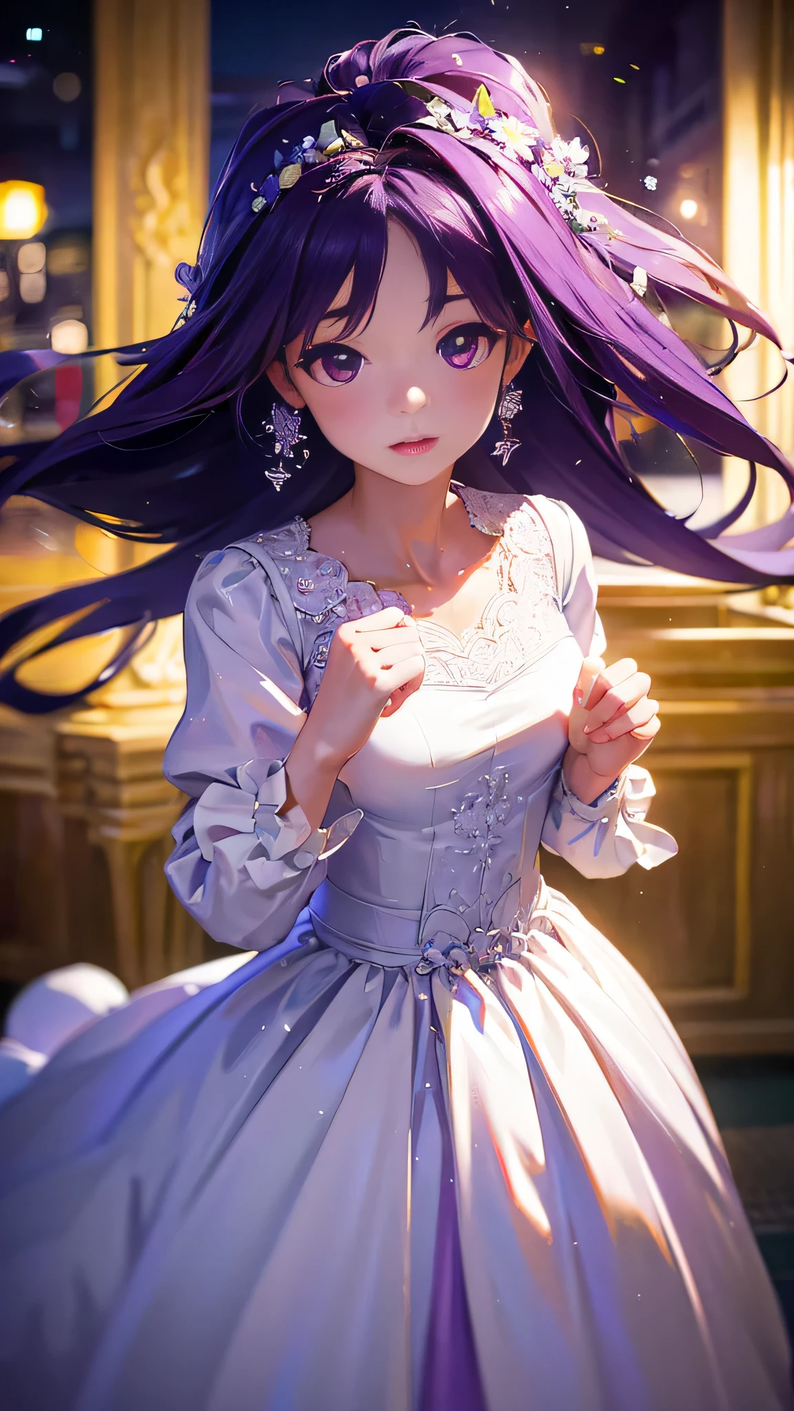 best picture quality, 8K, high quality, masterpiece:1.2), ((masterpiece)), (high detail, high quality, best picture quality), bokeh, DOF, Portrait, open stance, (cute illustration:1.2), purple hair, white wedding dress, standing, round face