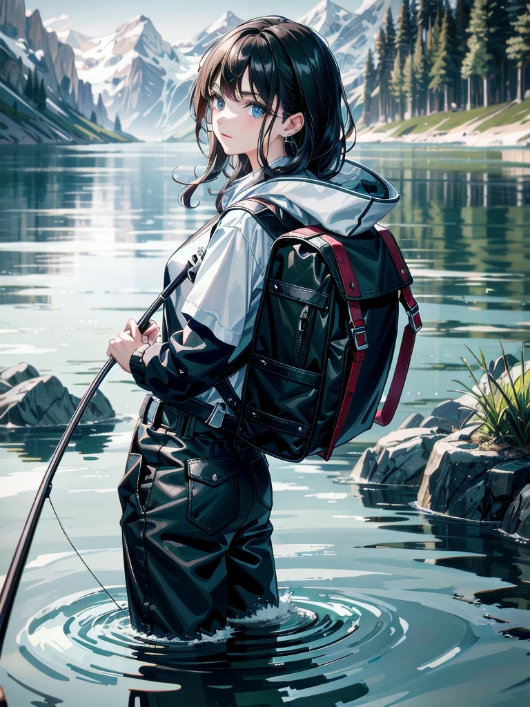 absurdres, RAW photo, extremely delicate and beautiful, masterpiece, Best Quality, ultra high resolution, 32k, hyperrealistic, ultra-detailed, detailed beautiful face and eyes, tearful mole, earring, short medium hair, wavy hair, Holding a fishing rod in your hand, Fishing lure rod, Outdoor Vest, hoodie, Waders, Long pants for fishing, Big backpack,