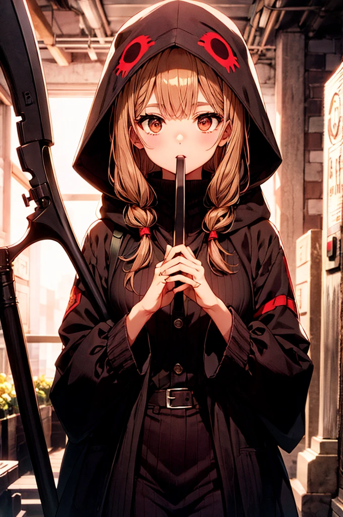 Cute hooded Grim Reaper shrouded in dark mist,Wielding a scythe,Emerge from the swirling shadows.Stand in the Cemetery of Forgotten Souls.(light brown and red striped hair,,,:1.3,),Perfect face,Proper body proportion,masutepiece,Super high-quality output images,超A high resolution,Intricate details,Extremely delicate and beautiful,photographrealistic,Dreamy,Professional Lighting,realistic shadow,Solo Focus,Beautiful hands,Beautiful fingers,Beautiful breast slip、Detailed red mouth、Detailed red cheeks