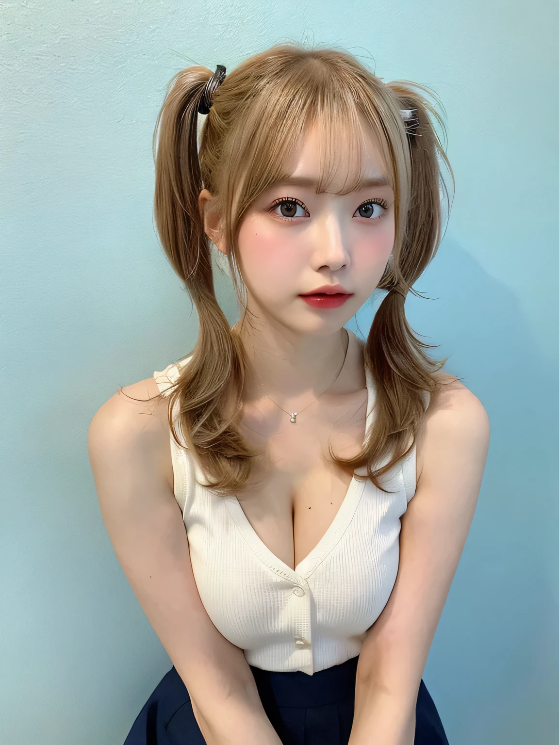 one person、Blonde、whole body photos、Red polo shirt、Cleavage、Navy blue mini skirt、fun、Blonde、、whole body、slender、woman、White drool coming out of the mouth、 Fair skin,Twin tails、Super cute、Soft and Face、Brown Hair、8k resolution、Surreal、Ultra high definition、 Soft Body、A-cup small breasts((Highest resolution、8k、masterpiece:1.3))、Ultra-fine face、Ultra Fine Lips、Beautiful Eyes、double eyelid,Slender figure、I can see your thighs、Shapely small breasts、Light blue wall