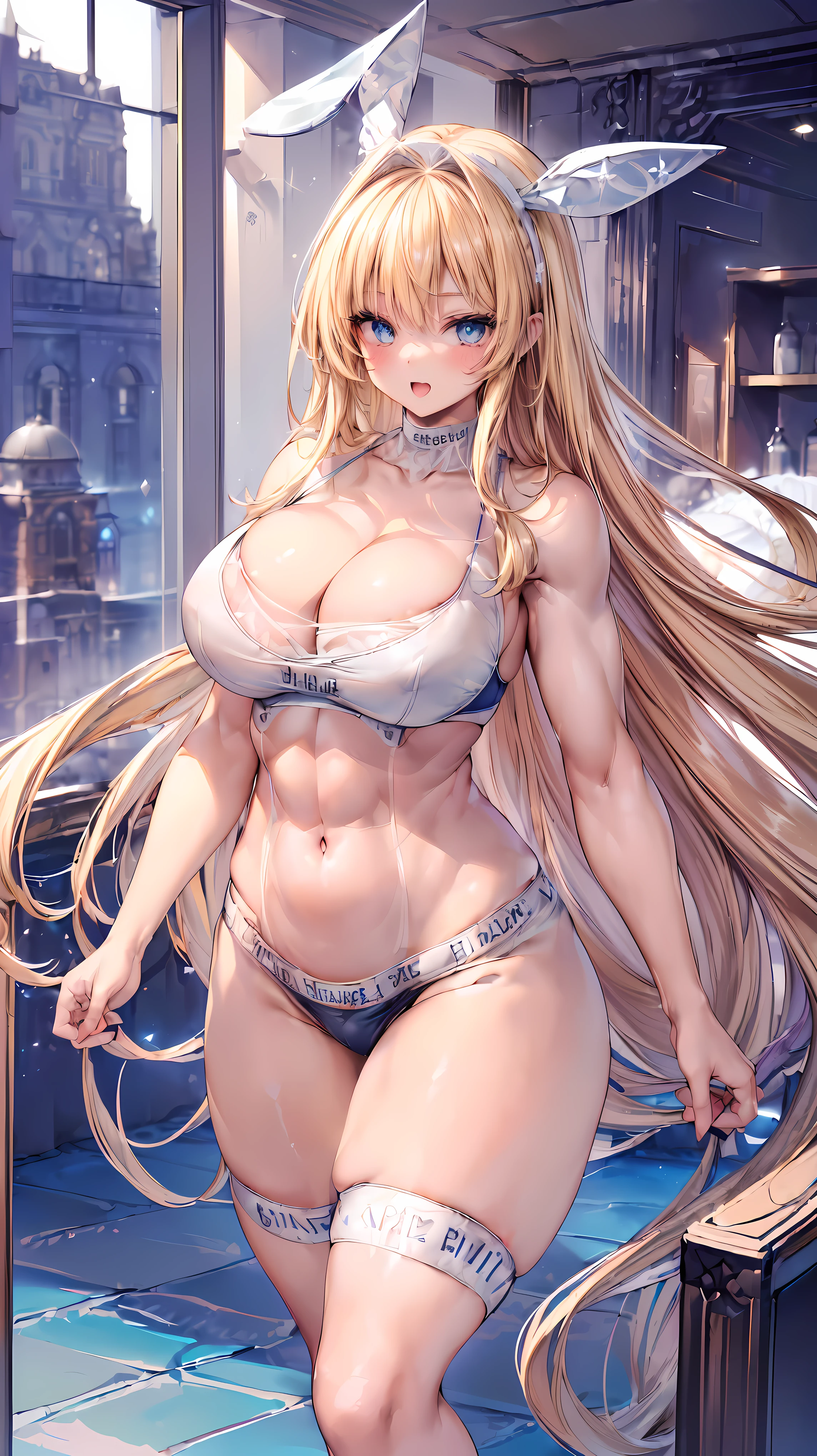 Very detailed、highest quality、Best image quality、masterpiece、8k、Anime Face、A kind smile、(Open your mouth:1.3)、Sparkling blue eyes、(Blonde semi-long hair:1.5)、(Muscles of the whole body:1.3)、(High leg panties:2.0)、Thigh belt、(White high cut bikini:1.5)、(Upper body photo:1.5)、(SFW Giant)、(Thick body:1.2)