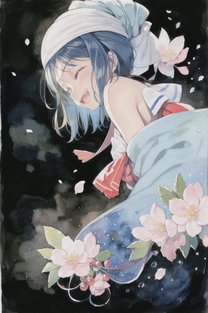 masterpiece, best quality, watercolor (medium), traditional media, blue hair, solo, 1girl, closed eyes, flower, smile, bandana, gloves, fingerless gloves, open mouth, blush, cherry blossoms, happy, petals, long hair, bare shoulders, ^_^, white background, fang, simple background