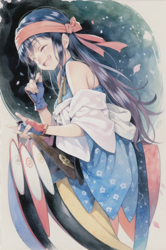 masterpiece, best quality, watercolor (medium), traditional media, blue hair, solo, 1girl, closed eyes, flower, smile, bandana, gloves, fingerless gloves, open mouth, blush, cherry blossoms, happy, petals, long hair, bare shoulders, ^_^, white background, fang, simple background