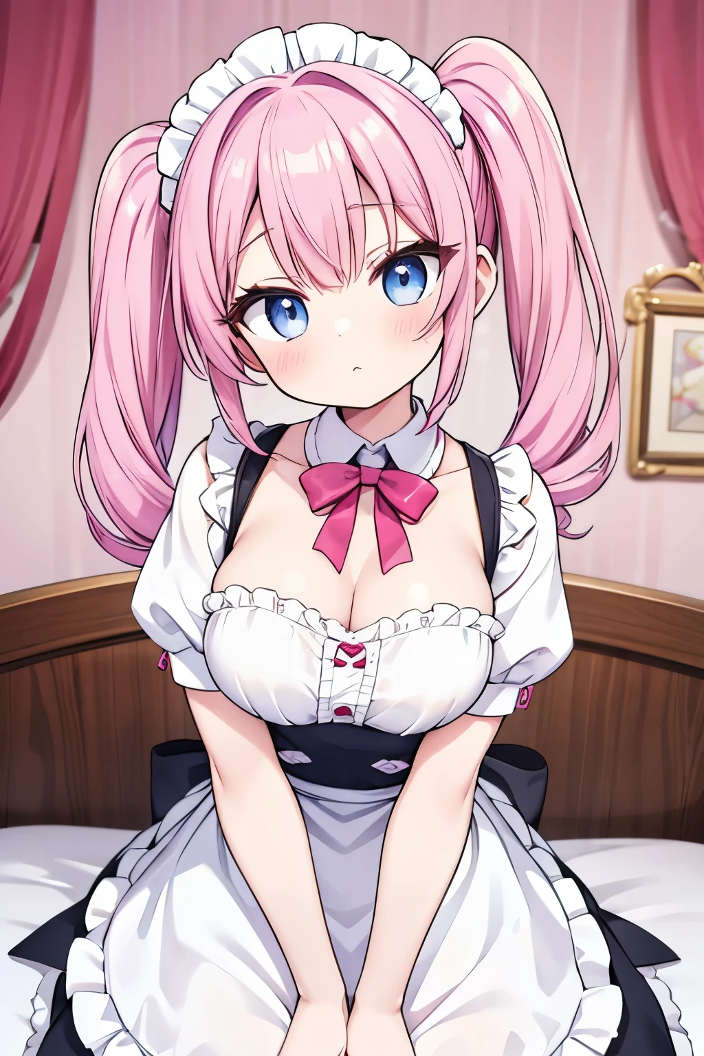  one house wife,twintails hair color is pink,cute,eyes are Blue,disproportionate breasts,dashed eyes The background is in the room,on the bed,maid,maid apron, head tilt