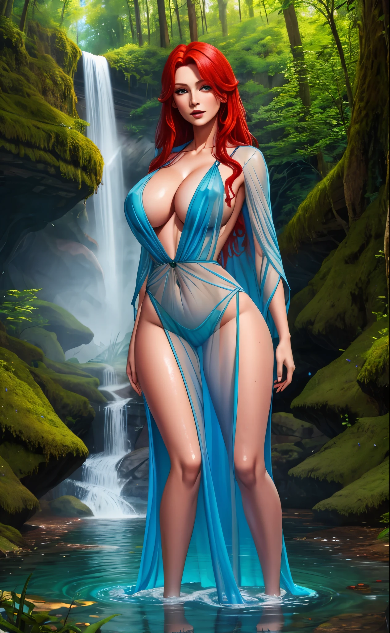 gorgeous red haired druid, sky blue see through dress, leg-slit, deep v-neck, deep forest, wet and wild, waterfall