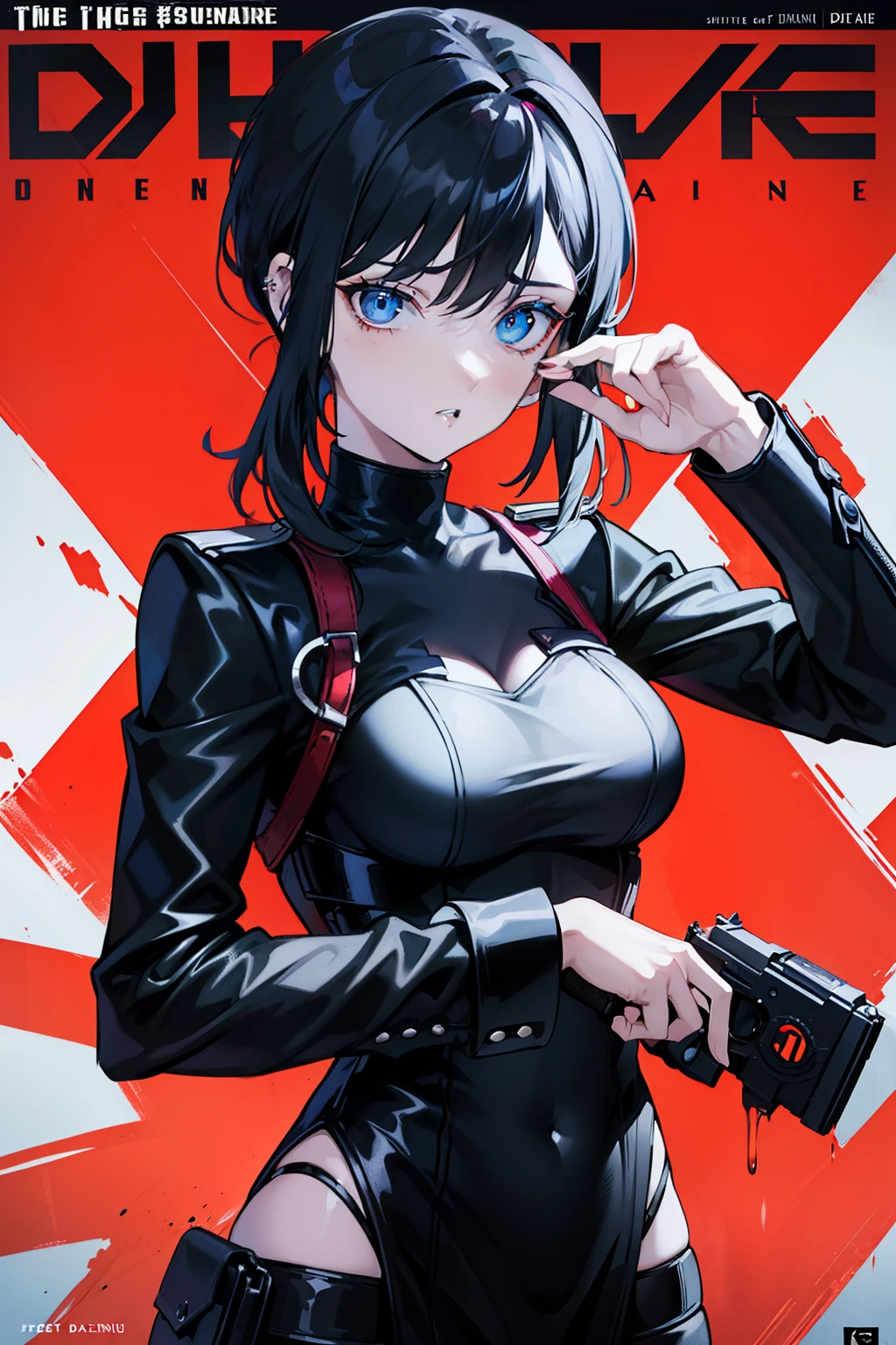 In the captivating image, a solo figure of a woman exudes confidence and boldness, her piercing blue eyes locked onto the viewer. Dressed in a stylish and edgy outfit, she holds a sleek 9mm pistol with a determined grip. The dynamic background portrays a dimly lit, gritty urban scene, adding an element of danger and intensity. The text on the cover is bold and attention-grabbing, with a catchy headline that perfectly encapsulates the scene. The color palette is dominated by deep, rich hues, with vibrant accents adding to the overall visual impact. (magazine:1.3), (cover-style:1.3),