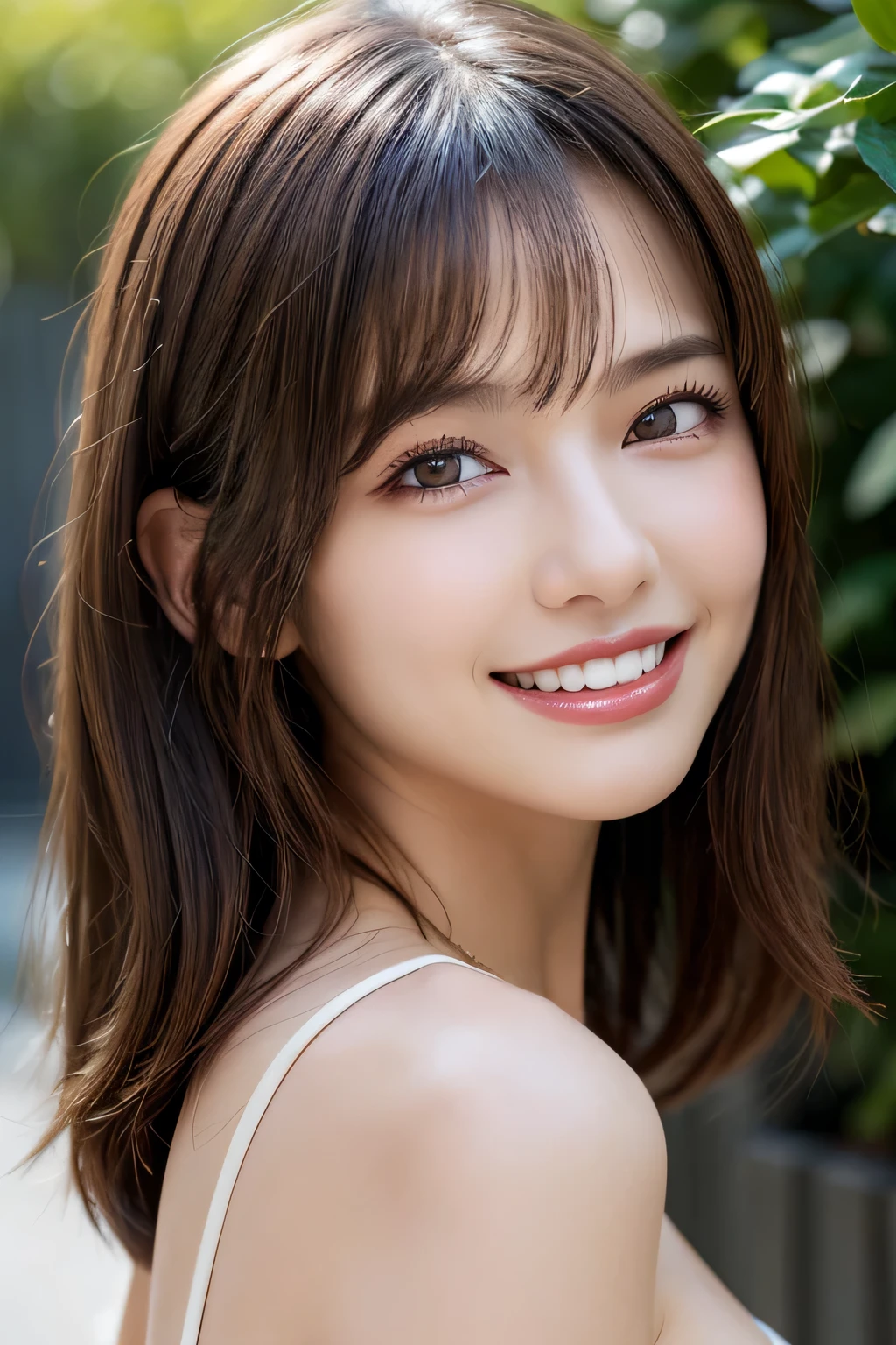 (8k, RAW Photos, highest quality, masterpiece, Realistic, Realistic), (1 female), (Ultimate beauty), Highly detailed face, (Perfect Teeth), Beautiful Eyes, double eyelid, eyelash, smile, Lip details, Brunette Bob, The light shines on your face, ((one piece)), Big Breasts, (background: garden), ((Written boundary depth))