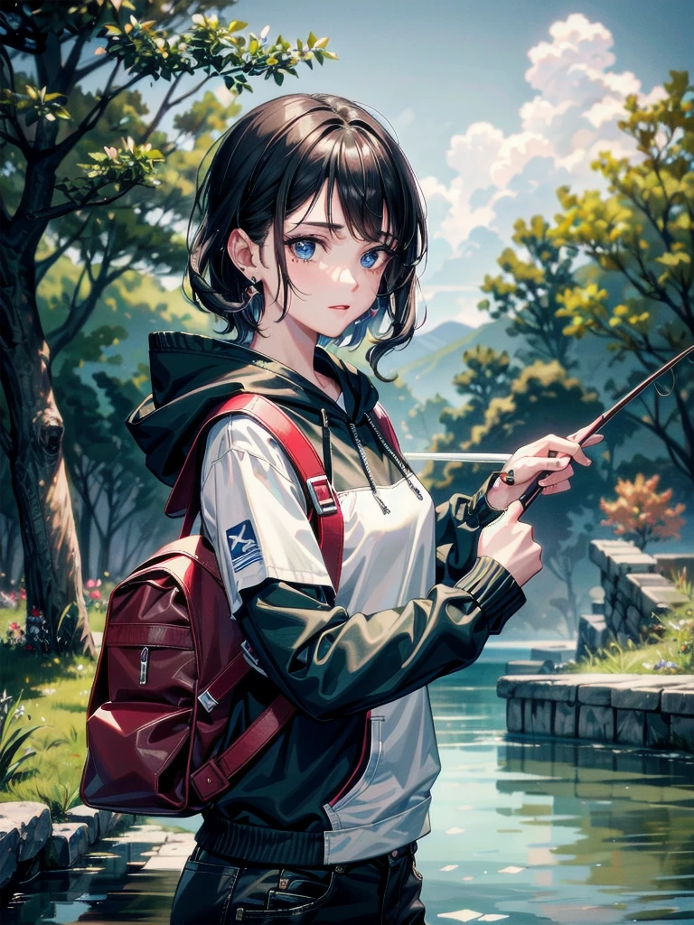 absurdres, RAW photo, extremely delicate and beautiful, masterpiece, Best Quality, ultra high resolution, 32k, hyperrealistic, ultra-detailed, detailed beautiful face and eyes, tearful mole, earring, short medium hair, wavy hair, Fishing lure rod, Outdoor Vest, hoodie, Big backpack,