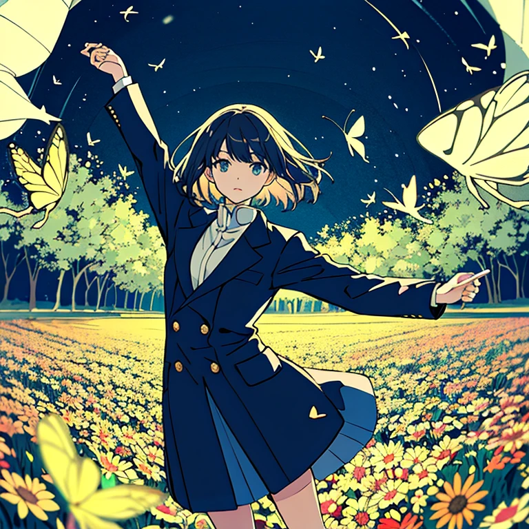 The illustrations are in an iconic style reminiscent of Makoto Shinkai.、A dance of erflies in a silent forest。The butties are painted in a modern art style..。The main character, a silver butterfln a flower field at night、Mr.々Thay she gives instructions to the butterflies witr singing voice is beautiful and graceful.。A fantastic light floats around the main character, the butterfly..、The ligs depicted as being one with the surrounding nature..。