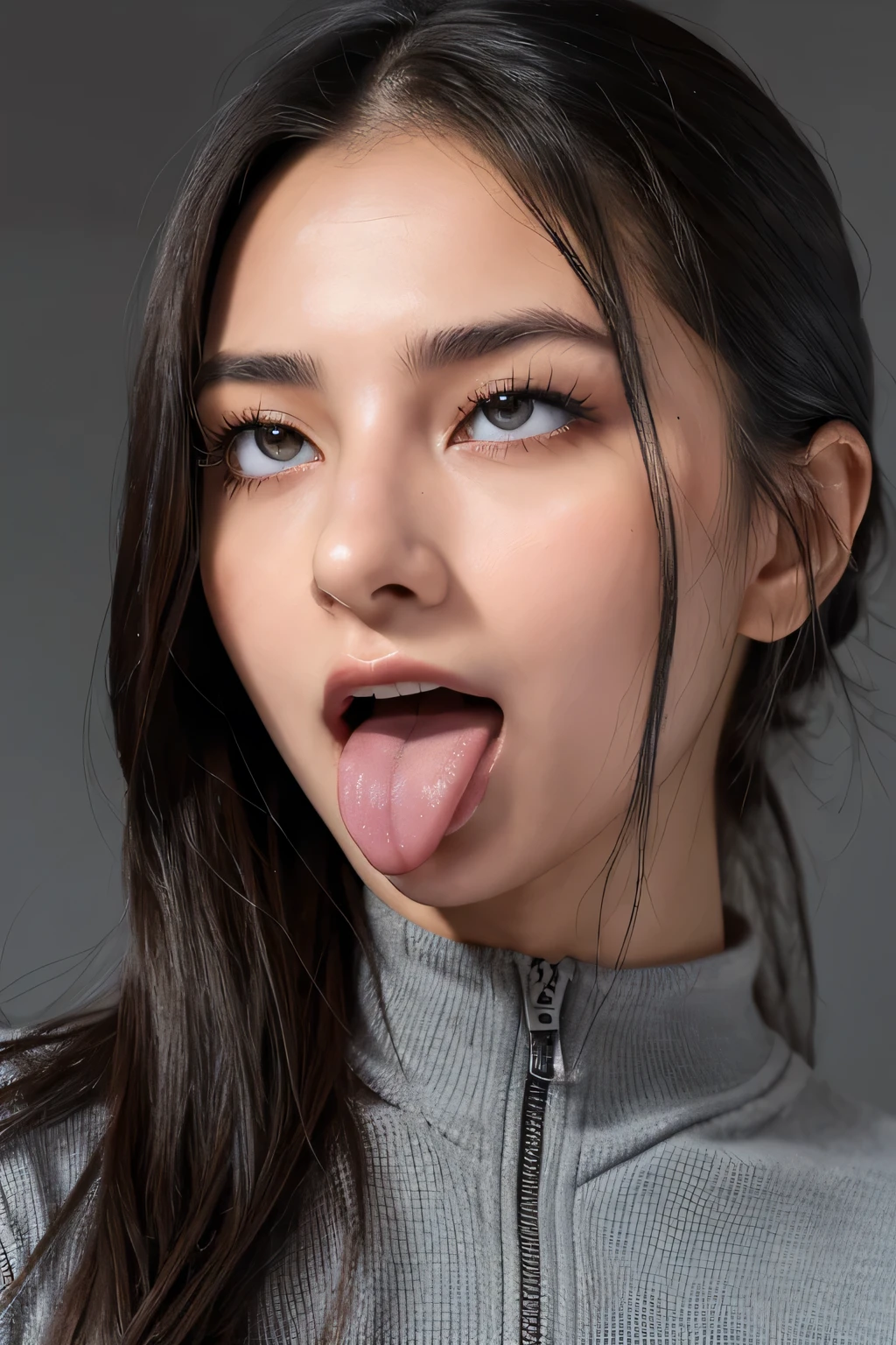 ,1 girl、Emily Ratajkowski、1 girl、超High resolution, retina, Accurate, masterpiece, Anatomically correct, Super Detail, Textured skin, Attention to detail, high quality, High resolution, 8k、、Big double eyes、nose、The focus is on the mouth、close-up focus on face、Woman with open mouth and closed eyes、18-year-old、Black Hair、tongue out, tongue, Saliva trace, Drooling, Ahegao, long tongue, Verbal invitation,  Pulling the hair back, Gray background,Half Backlight,Pilot uniform,The pilot has,airplane cockpit,Beautiful Japanese,