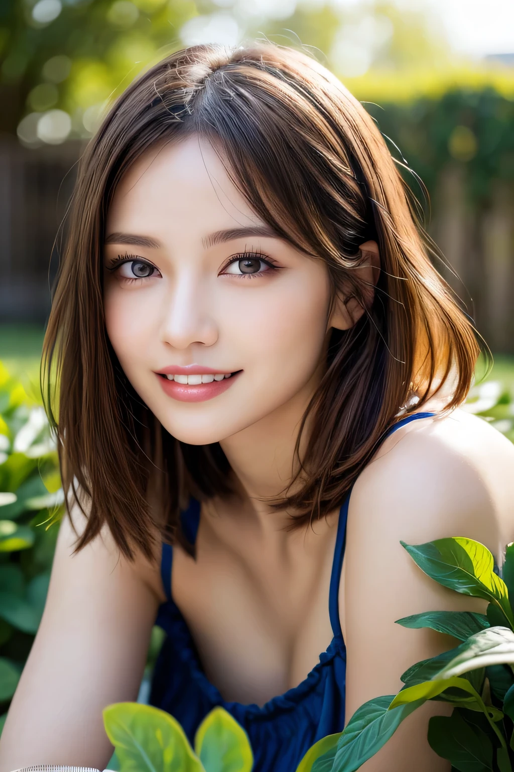 (8k, RAW Photos, highest quality, masterpiece, Realistic, Realistic), (1 female), (Ultimate beauty), Highly detailed face, (Perfect Teeth), Beautiful Eyes, double eyelid, eyelash, smile, Lip details, Brunette Bob, The light shines on your face, ((one piece)), Big Breasts, (background: garden), ((Written boundary depth))