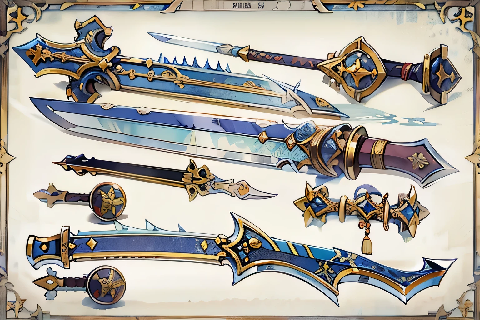 (((best quality))), (((masterpiece))), Weapons to be included in the Weapon Encyclopedia, Fantasy RPG Game Sword, knife, oriental weapons, white background
