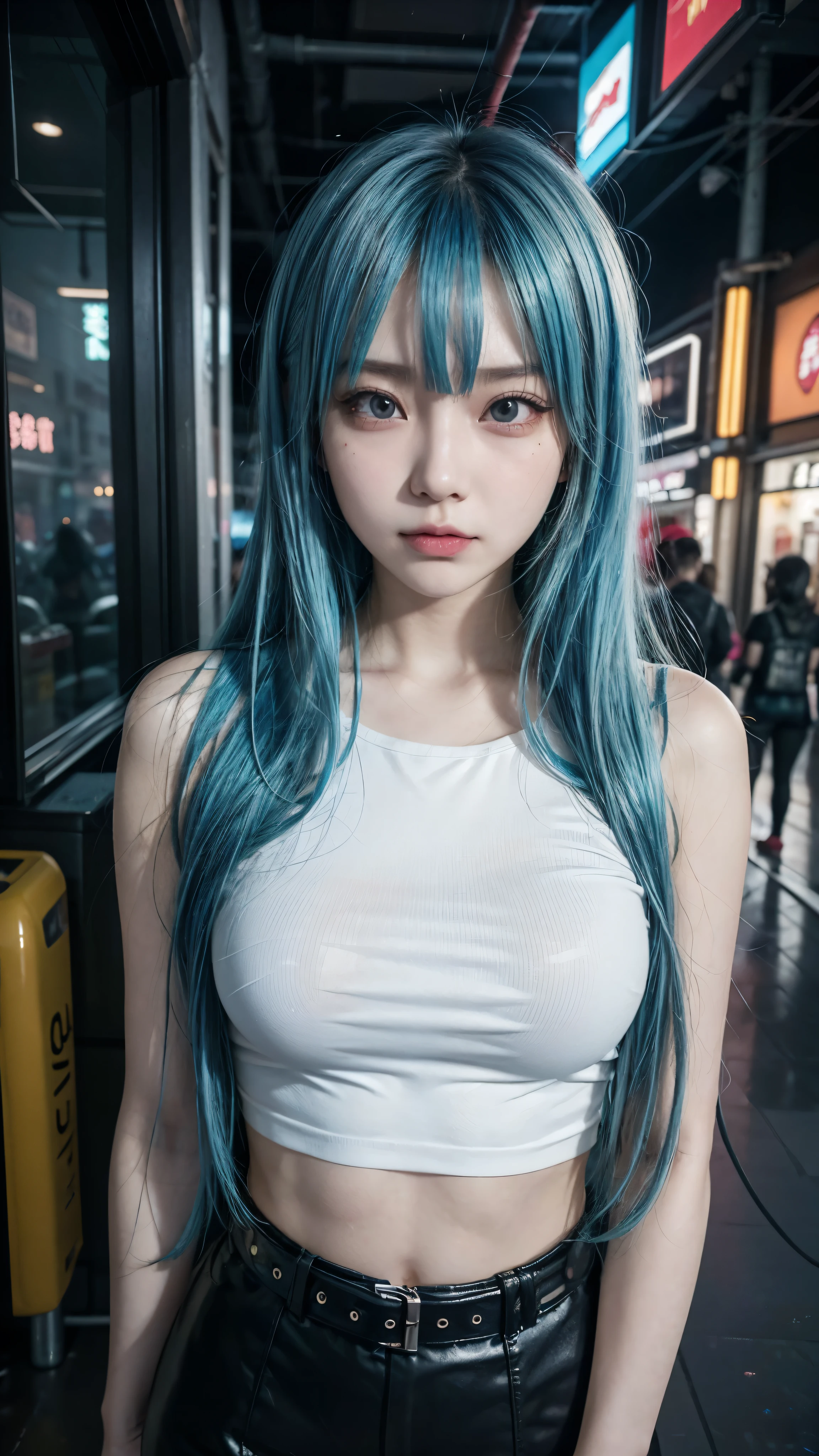 there is a woman with a blue hair and a white top, anime girl cosplay, inspired by Leng Mei, photo of slim girl model, anime girl in real life, seductive anime girl, cyberpunk 2 0 y. o model girl, chinese girl, female cyberpunk anime girl, photo of slim girl, beautiful cyberpunk woman model, anime cosplay, cosplay photo, cosplay