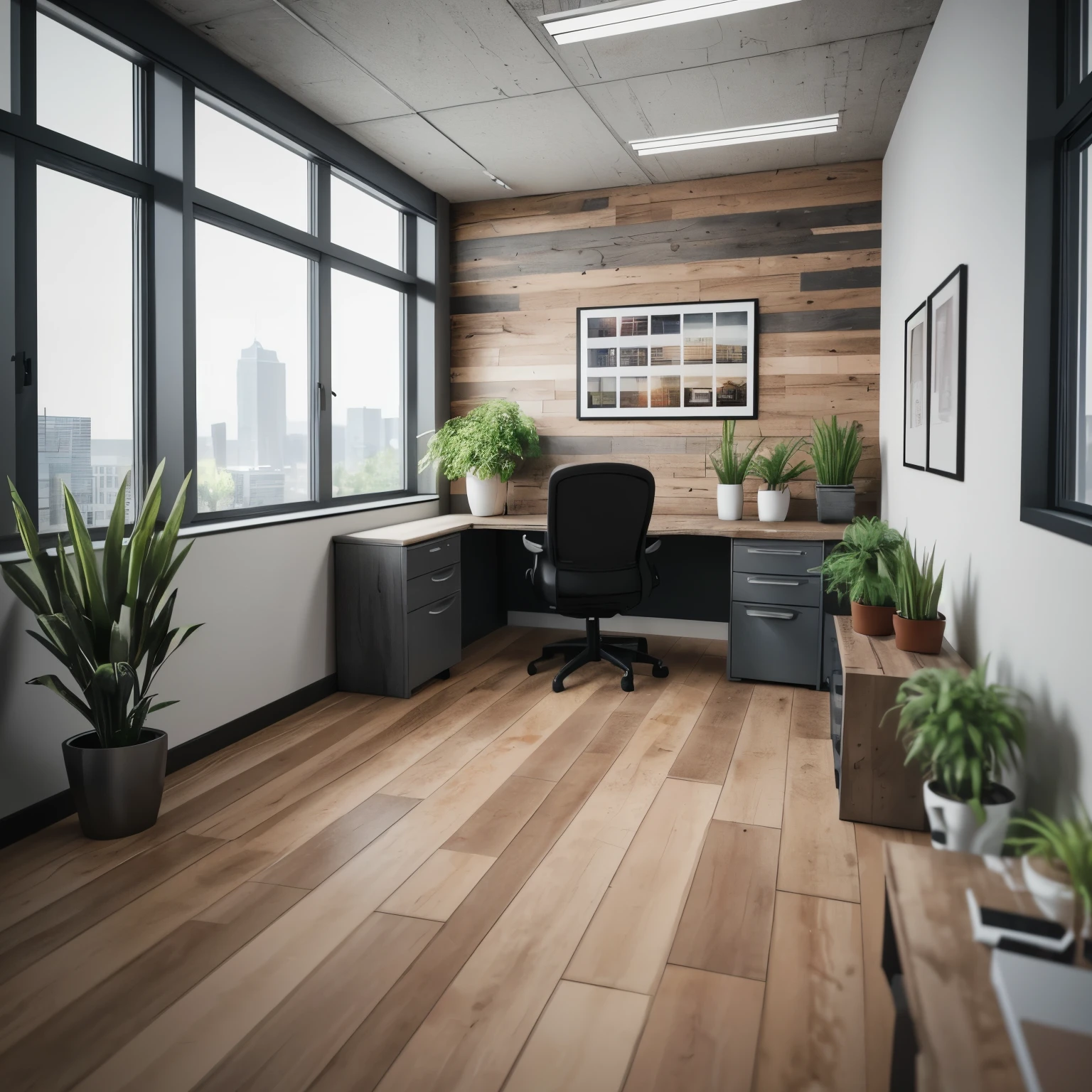 create a realistic photo of a small office with a wall made of distressed rustic boards, the room is located in an office building. Modern, minimalist style, the room has furniture and office equipment. They are complemented by degenerations and plants. Realistic photo, modern style, photorealistic, 3D render.