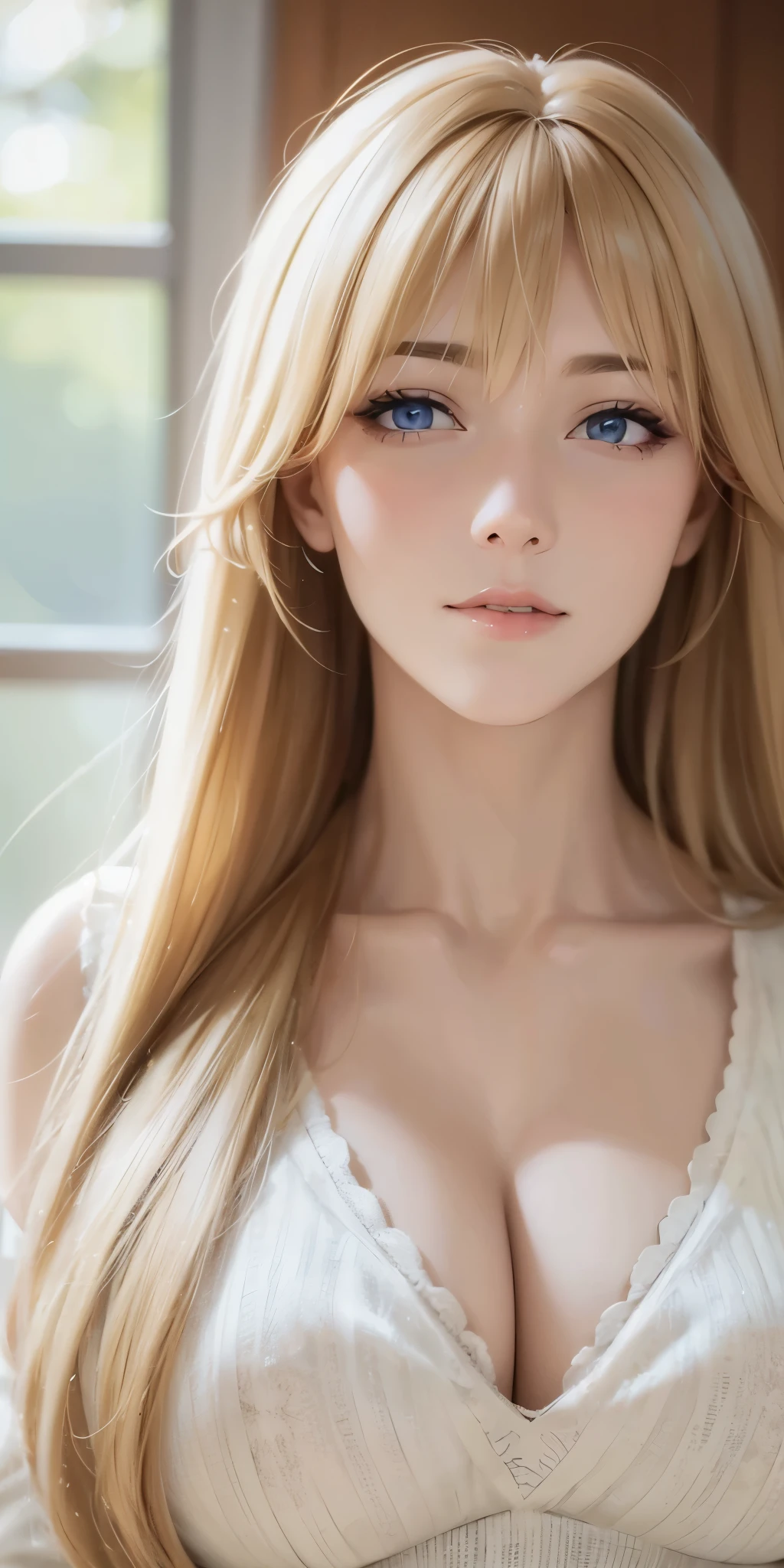 Portrait, Mature woman, housewife, long neck, long blonde hair, bangs, casual clothes, cleavage, soft light, high quality, 4k resolution