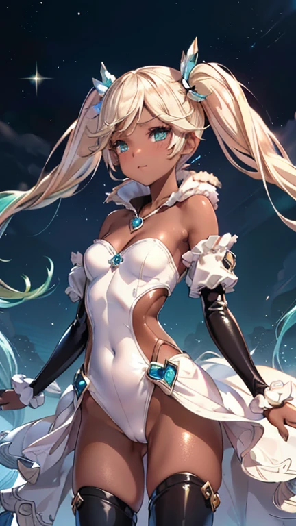 Iooiklas,Platinum Blonde Hair,Twin tails, hair ornaments, White Dress, Black knee socks,
Removable sleeves,Complex eyes,Beautiful fine details,Symmetrical eyes,Big eyes:1.5,
(((dark skin,dark_skin,lustrous skin:1.5,bright skin: 1.5,
skin tanned,shiny skin,very shiny skin,Shiny body,plastic glitter
skin,exaggerated shiny skin,illuminated skin))),
(,Detailed body,(Detailed face)), cute,Lewd,erotic,Bold,Camel toe revealing outfit,show skin,(((Sexy aqua fur coat, Aqua fur coat outfit,
wearing a Ice Dress:1.3,aqua 冬 coat))), ((Ice Dress,elegant Ice Dress)),
(White gloves,White clothes,(((Complex outfit,Complicated clothes,Embroidered costume,Glamorous costumes,Embroidered clothes,
Glamorous clothing))),skinsuit, Bodysuits, pantyhose,
High resolution,Sharp focus,(Super detailed,Very detailed),(Very detailed CG unity 8k wallpaper),
(((Vibrant colors))),
Beautiful night sky, Meteors,
smile, Seductive eyes, Medieval style cityscape,
