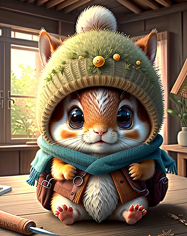 Best image quality、"Create adorable creature masterpieces with highly detailed concept art. Use your imagination", （squirrel）, Attention to detail, In 8K、Best image quality、squirrelはこれからの冒険にワクワクしています、I have a knife、squirrelの女王です