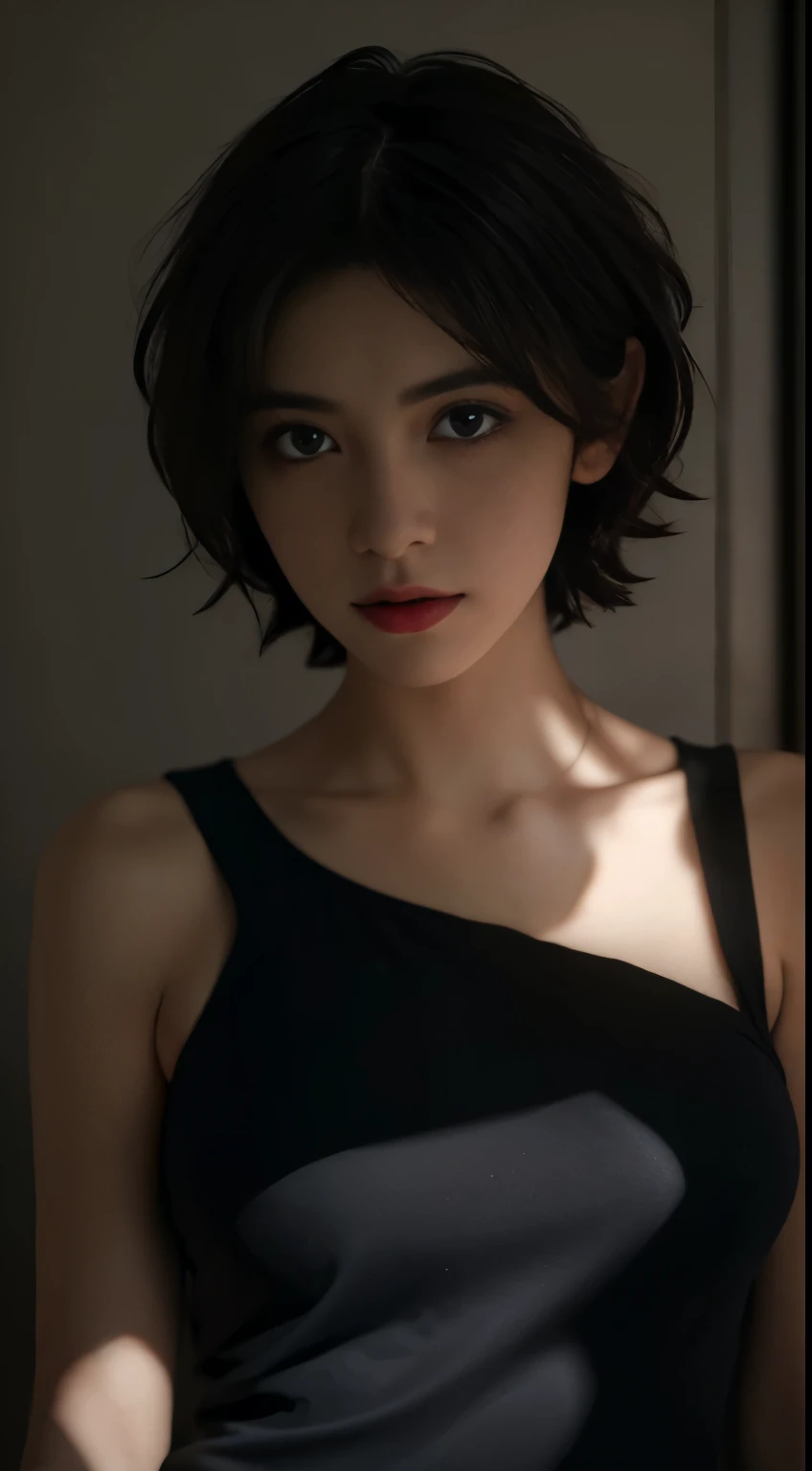 Best quality, masterpiece, ultra high res, (photorealistic:1.5), raw photo, 1girl, in the dark, deep shadow, low key, cold light, sexy look, short hair, swimsuit