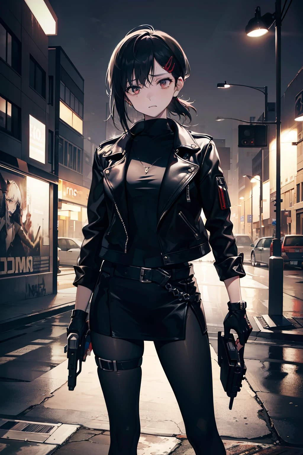 In the captivating image, a woman clads in a sleek leather jacket stands solo in the middle of a dimly lit street. The gun in her hand, a elegant 9mm pistol, gleams under the soft beam of a streetlight. Her hair, cascading in loose waves, frames her determined face as she gazes intently towards the viewer. The background portrays the gritty urban landscape, with elements of chipped concrete and graffiti adding to the raw, edgy feel. The text on the cover is bold and catchy, the title a statement of power and defiance. The color scheme, dominated by dark and rich tones, contrasts sharply with the laser-sharp