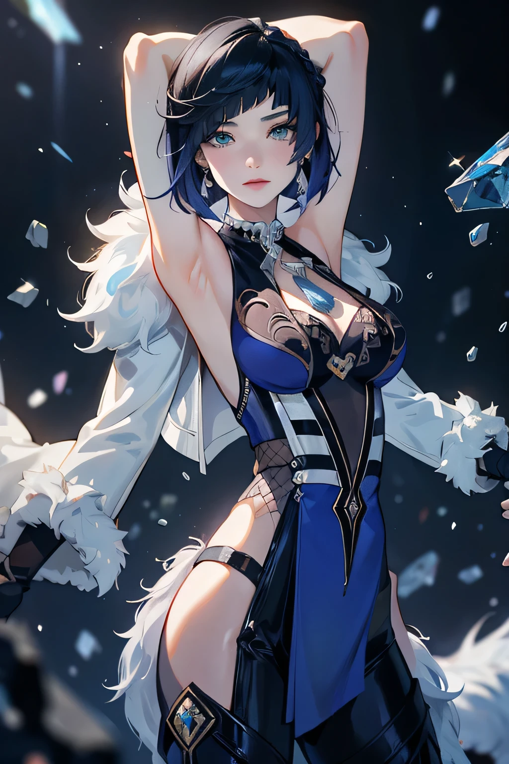 ((yelandef)):1.5,((masterpiece,Highest quality,Highly detailed 3DCG,Beautiful images))1.4(arms behind head yelan images、Fragments,crystals、Overall dim lighting、Backlight、A fantastic atmosphere、Dust flutters)1.3,(Close-up image of yelan)1.1、(Exposed lateral breasts、Cool look、Cold Atmosphere):1.2