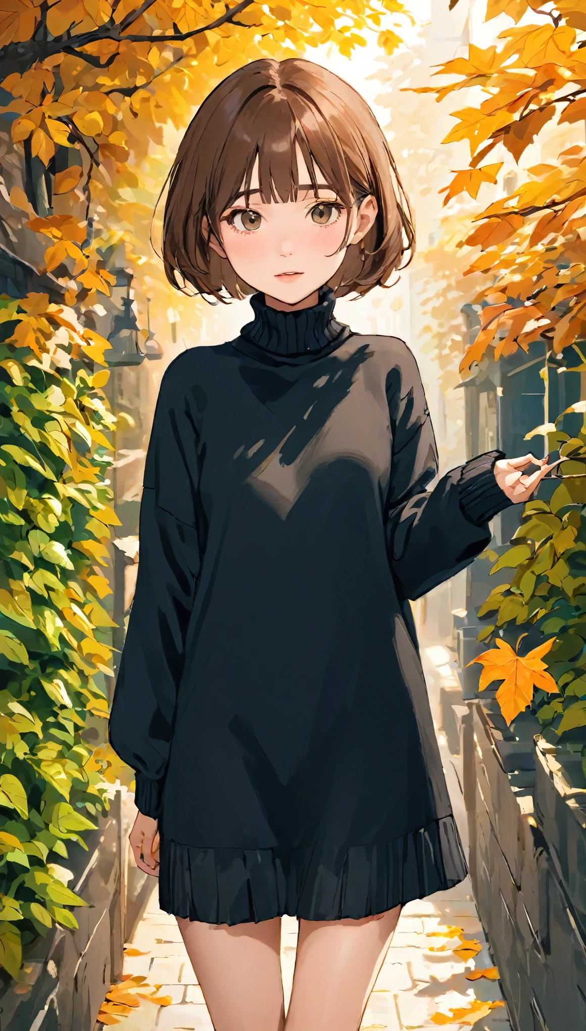 One Girl、Brunette Hair、Supermodel with a perfect body、Short Bob、wear（black turtleneck sweater dress）、Malaise、Detailed body with a feminine fit、Detailed skin and facial skin、Depth of written border、Skin Details、Cafe daylight、but、garden、butn leaves、RAW Photos、highest quality、Best image quality、Ultra-high resolution、masterpiece:1.3、８ｋ