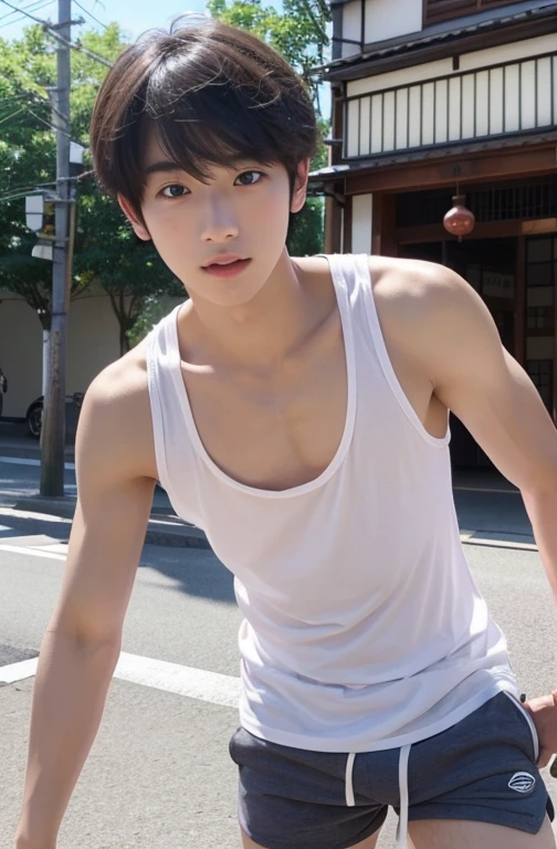 One beautiful boy、A cute boy、18-year-old、Japan boys、Tank top、In town、erection、Big eyes、Shorts,erection,marathon