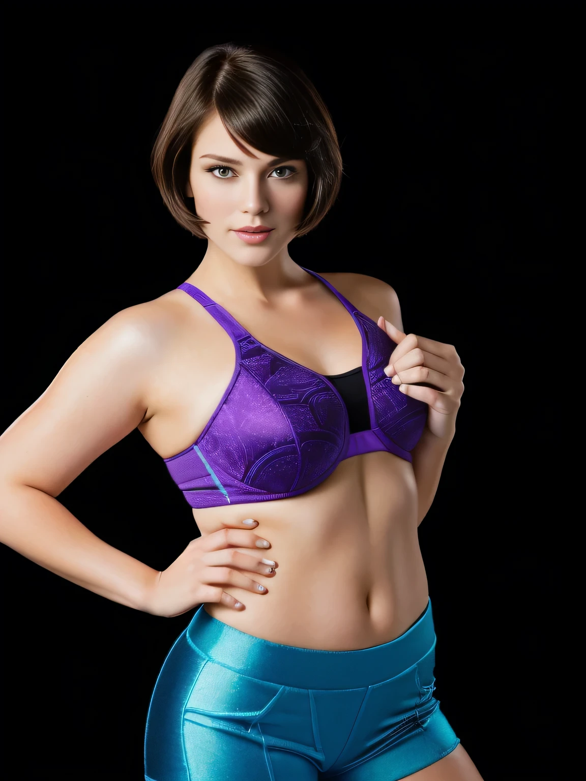 The image shows a confident, light brunette woman standing against a dark background, showing off her athletic attitude. She wears a purple sports bra and shorts with a pattern that includes shades of teal, blue, and black. with a vibrant design that suggests movement. Her hands are on her hips, a pose of self-confidence, and she has a neutral expression on her face. Her hair is short and appears to have a bob cut. The woman's posture suggests confidence and she appears to be posing for a photograph. Beautiful woman with perfect body, perfect face, doing sassy pose, 40 years old woman, full body sarcastic pose, photo shoot, lewd pose. Shapely woman. Sharp photo, high quality, high resolution (ultra quality masterpiece), Ultra HD, high contrast, 16K. Masterpiece, high resolution, (photographically realistic), NUDE, NUDITY, NFSW.