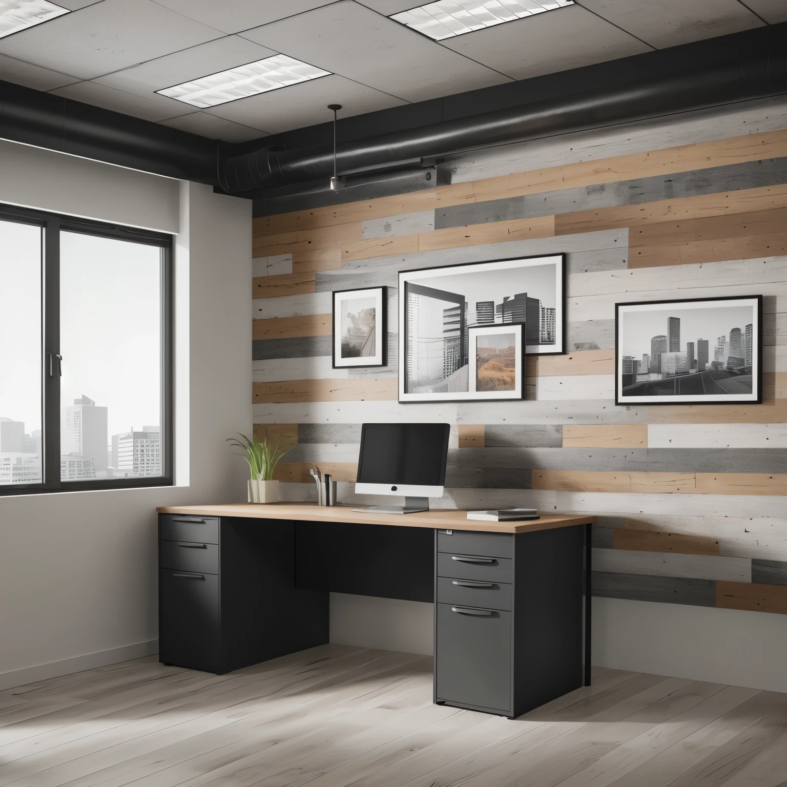 create a realistic photo of a small office with a wall made of distressed rustic boards, the room is located in an office building. Modern, minimalist style, the room has furniture and office equipment. They are complemented by degenerations. Realistic photo, modern style, photorealistic, 3D render.