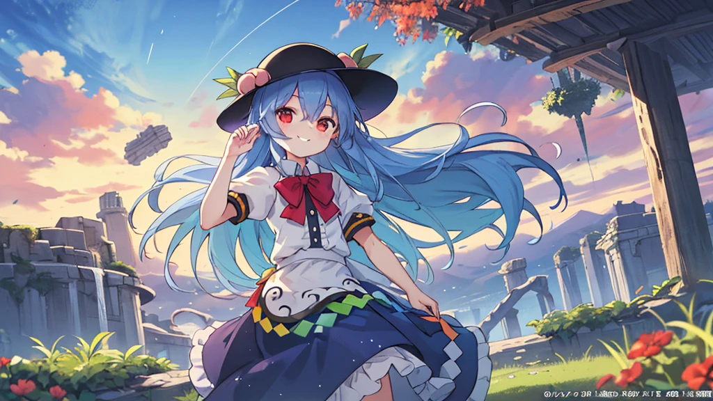 8k detail wallpaper,wallpaper,official art,
1girl, (full body:0.8),(close up face:1.1),Fantastic,dramatic angle,Fantastic angle,(dynamic angle:1.2),drastic angle,dynamic pose,drastic pose,
black headwear, blue hair, blue skirt, long skirt,blue sky, bow, bowtie, cloud, cloudy sky, cowboy shot, day, floating island,  frills,  grass, hat,( hinanawi tenshi), leaf, long hair, looking at viewer,  peach, puffy short sleeves, puffy sleeves, red bow, red bowtie, red eyes, short sleeves, skirt, sky, (solo:1.2), standing, very long hair,shirt,
(skirt billowing dramatically:1.1),very long skirt, very large skirt,kawaii face,childish face, ultra kawaii face,
hairs between eyes,young girl,Facing the lens,colorful,scenery,happy,[lover's:friendly:0.4] smile,extremely detailed eyes,happy face,innocent  face,very cute face,anime eyes,flushed cheeks,ultra quality,,
floating island,firmament,mythology,floating garden in the sky,city floating in the clouds,
ancient ruins floating in the sky, lush floating garden, colorful flowers and exotic plants, small waterfalls, sky at sunset, orange, pink, purple hues, serene utopian atmosphere, harmony between nature and  ancient city,
(close mouth),
Utopia,Shangri-La,Arcadia,Eden,
best quality,ultra-detailed,masterpiece,
