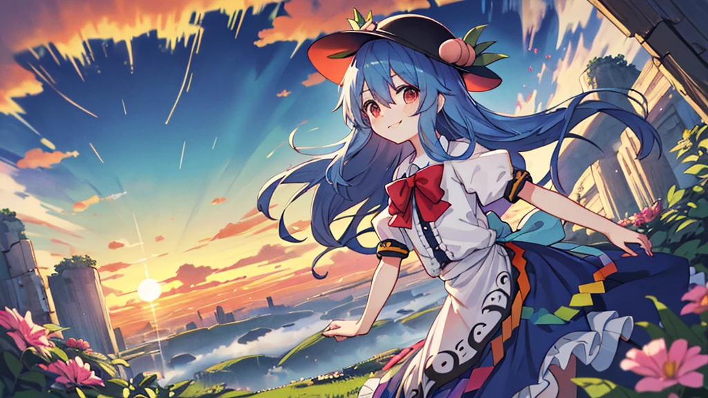 8k detail wallpaper,wallpaper,official art,
1girl, (full body:0.8),(close up face:1.1),Fantastic,dramatic angle,Fantastic angle,(dynamic angle:1.2),drastic angle,dynamic pose,drastic pose,
black headwear, blue hair, blue skirt, long skirt,blue sky, bow, bowtie, cloud, cloudy sky, cowboy shot, day, floating island,  frills,  grass, hat,( hinanawi tenshi), leaf, long hair, looking at viewer,  peach, puffy short sleeves, puffy sleeves, red bow, red bowtie, red eyes, short sleeves, skirt, sky, (solo:1.2), standing, very long hair,shirt,
(skirt billowing dramatically:1.1),very long skirt, very large skirt,kawaii face,childish face, ultra kawaii face,
hairs between eyes,young girl,Facing the lens,colorful,scenery,happy,[lover's:friendly:0.4] smile,extremely detailed eyes,happy face,innocent  face,very cute face,anime eyes,flushed cheeks,ultra quality,,
floating island,firmament,mythology,floating garden in the sky,city floating in the clouds,
ancient ruins floating in the sky, lush floating garden, colorful flowers and exotic plants, small waterfalls, sky at sunset, orange, pink, purple hues, serene utopian atmosphere, harmony between nature and  ancient city,
(close mouth),
Utopia,Shangri-La,Arcadia,Eden,
best quality,ultra-detailed,masterpiece,
