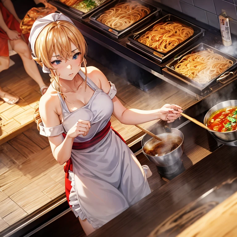 A blonde woman with a towel wrapped around her head boiling ramen at a ramen shop Wearing an apron