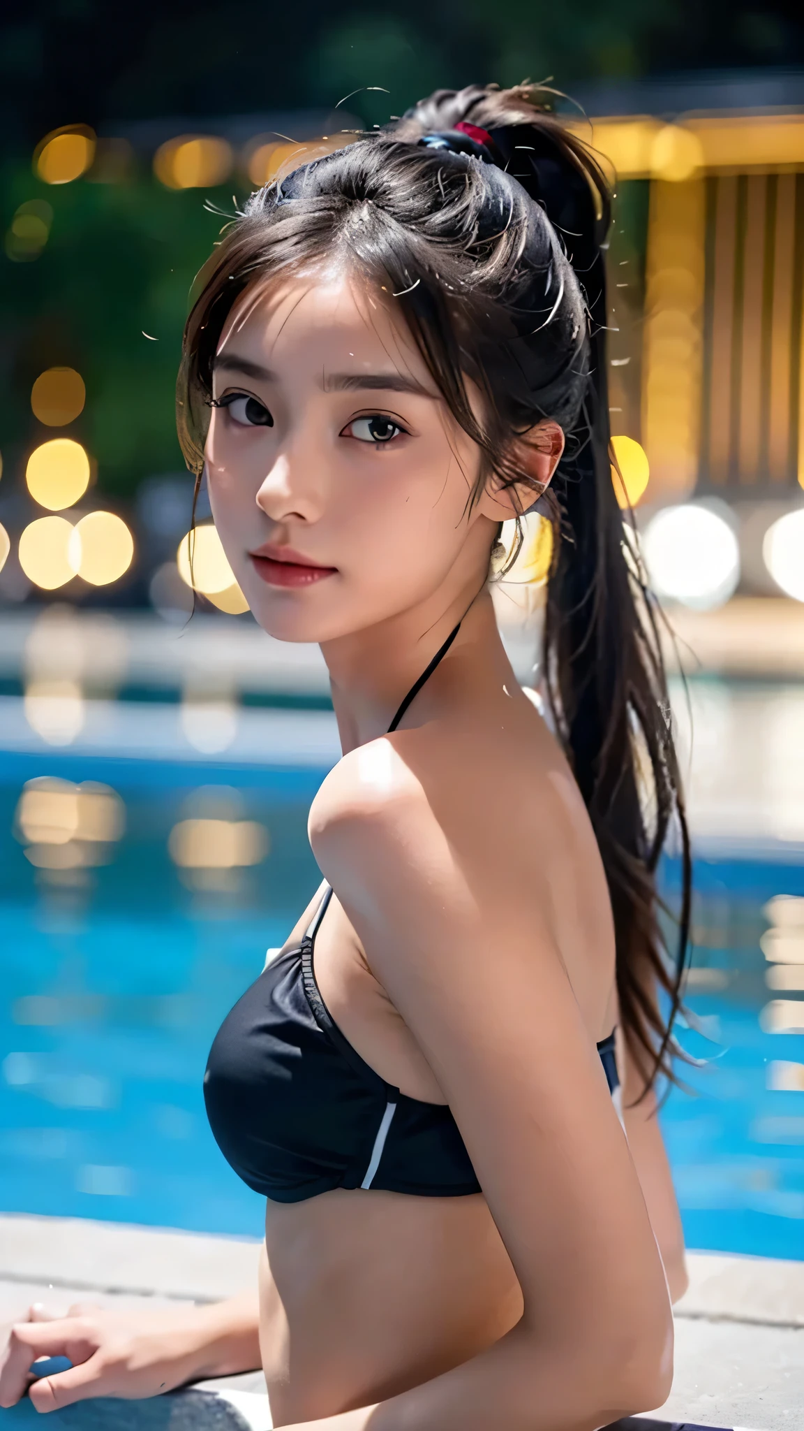 Pool at night,bikini swimwear,One woman,fully body photo,masutepiece, The highest image quality, High quality, the background is clear,Beautiful woman, Japanese, Detailed, Detailed eyes, Detailed skin, Beautiful skin, 超hight resolution, (reality: 1.4),Very beautiful woman, Slightly younger face, Beautiful skin, slender, (Ultra photo realsisim), (hight resolution), (8K), (Very detailed) (beautifully detailed eyes), (super detailed), (Detailed face), view the viewer, Fine details, Detailed face, Staring straight ahead, Staring straight ahead, photos realistic, Bright lighting, Professional Lighting, Black hair,poneyTail,a baby face,sixteen years old,Hairstyle: ponytail,Long ponytail hairstyle,slight smile,