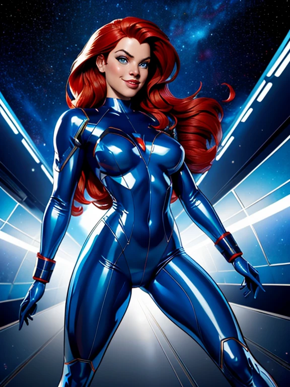 Best quality, 4K, american comics art style, vintage space beautiful woman,long red hair,looking to observer,little smile,light blue and dark blue tight latex suit under shine hi-tech armor,dynamic angle, spaceship corridor scenario, dramatic lights