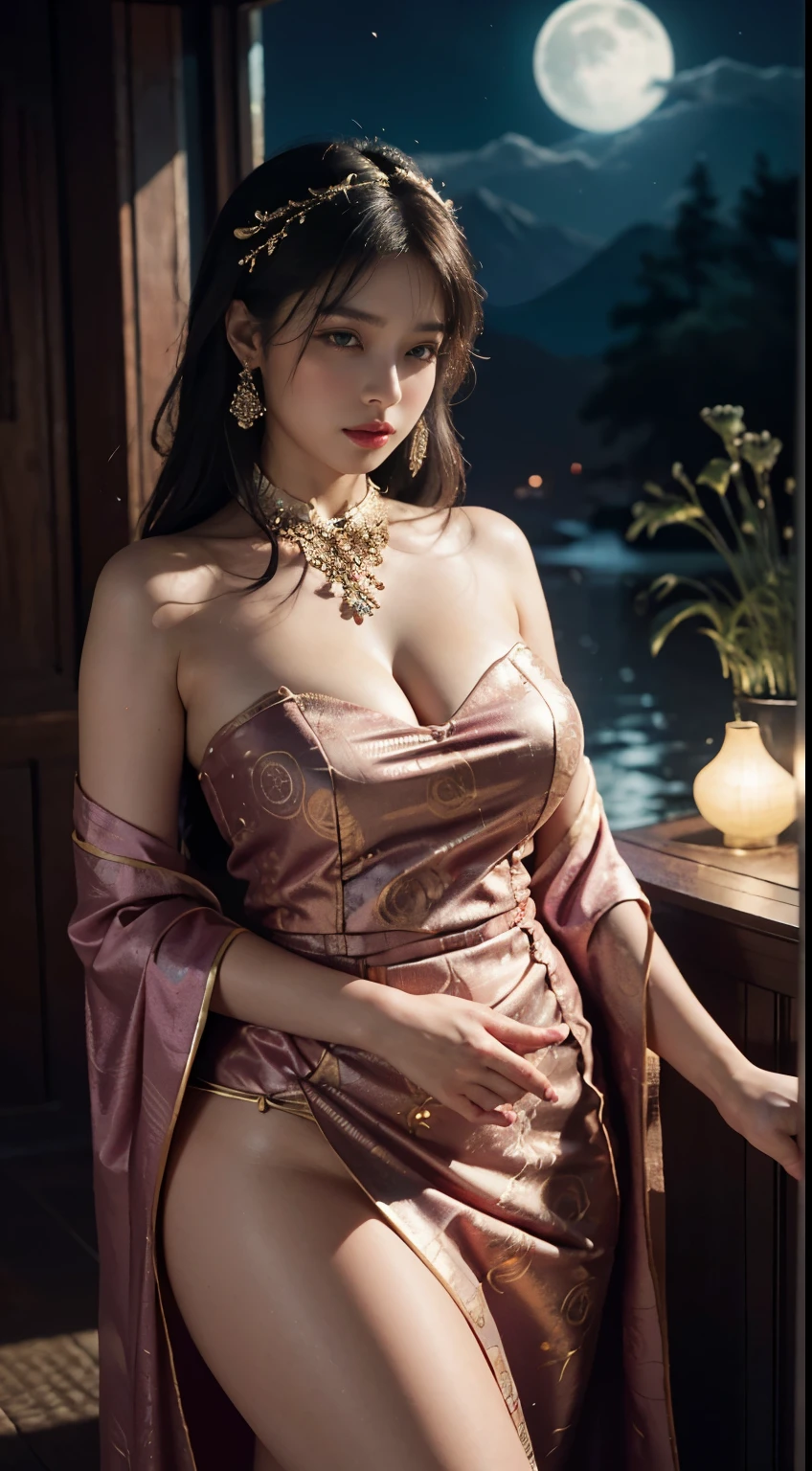 The art depicts a charming woman dressed in a flowing, silky traditional oriental dress decorated with intricate patterns and bright colors. Her dress drapes elegantly over her curvy figure, accentuating her seductive silhouette. She stood gracefully in the quiet moonlit night, bathed in the soft glow of the moonlight. The scene exudes an ethereal and dreamy atmosphere, with a touch of mystery and sexiness. The graphic style blends watercolor and digital illustration techniques to evoke a refined beauty and charm. The lights are filled with soft moonlight, casting soft highlights and shadows on her charming features. Bare thighs