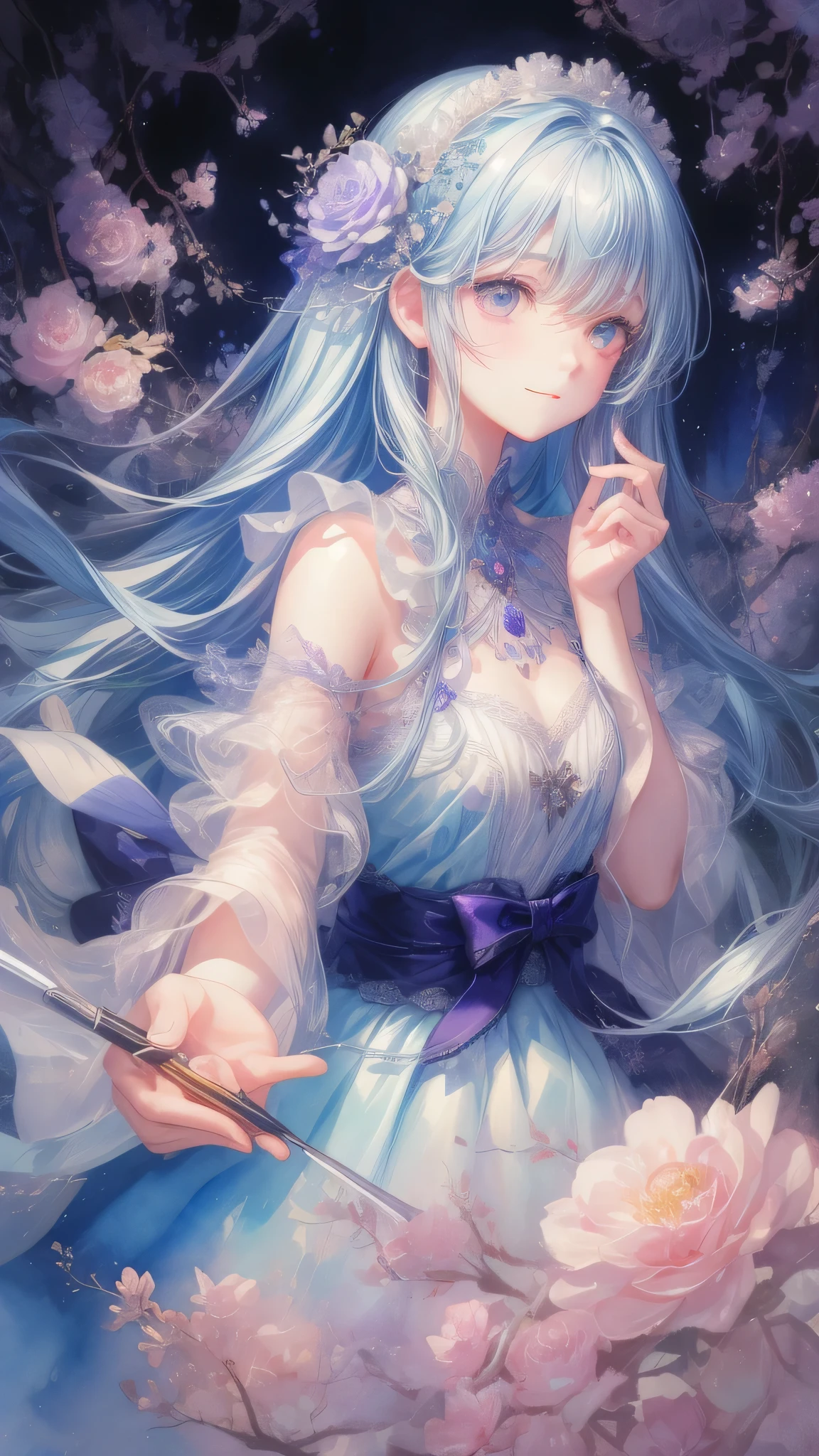 flat chest,masterpiece, best quality, extremely detailed, (illustration, official art:1.1), 1 girl ,(((( light blue long hair)))), light blue hair, , blunt bangs,10 years old, long hair ((blush)) , cute face, big eyes, masterpiece, best quality,(((((a very delicate and beautiful girl))))), small Girl,Amazing,beautiful detailed eyes,blunt bangs((((little delicate girl)))),tareme,(true beautiful:1.2), ,,masterpiece、best pictures、illustration、detail、(watercolor painting:1.4)、(Hand Painted:1.2)、(Watercolor brush bristles)、 ​Masterpiece: 1.7, top quality、solo、Show your back、ish、sketch、paper texture、ultra high resolution、extra detaild face、Highly detaild eyes、flat color、limited pallet、high contrast、realistic、best lighting、welcome、beautiful、、、beautiful woman、purple jewel eye, 、straight long hair、sexy long bangs,blue gemstone、a little smile、Blanche:1.5、(Zentangle、mandala、dispute、twist:1)、flowers in background、many flowers,upper body