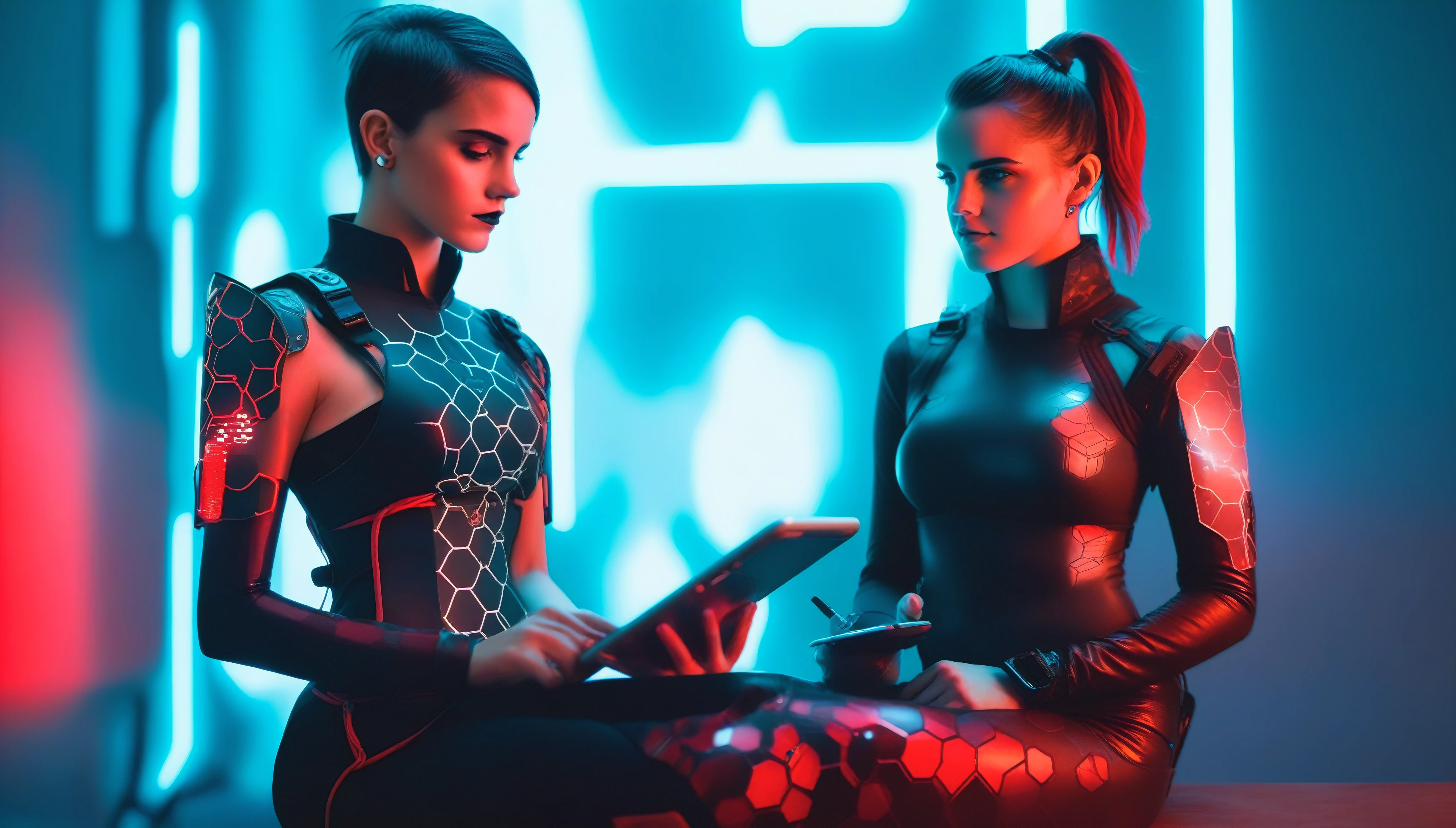 Two young female hackers sitting in a cyberpunk hackerspace with large windows in a cyberpunk metropolis facing the viewer, right arm resting on her waist, left arm held forward holding a transparent smart tablet, short silverwhite undercut haircut, immaculate skin, thoughtful look on her face, sweat on her skin, full lips, small breasts, legs crossed, fullbody black and red skintight cyberpunk underarmor with intricate hexagon pattern, synthetic utility vest with attached wearable computer, black leather utility belt with multimeter and some probes attached, thigh high black latex boots, cutoff gloves, no makeup, natural fingernails, emma watson, edgFut_clothing, neons, electric circuits