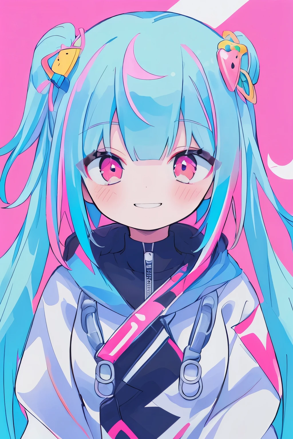 (beautiful, High resolution, masterpiece, high quality, Very detailed, shape:1.5) One Woman,alone,Upper Body,Multicolored Hair,Pink Hair, Blue Hair,White hoodie,Multicolored background,Pink Eyes,Long Hair,smile (Large Breasts) (Half-closed eyes)