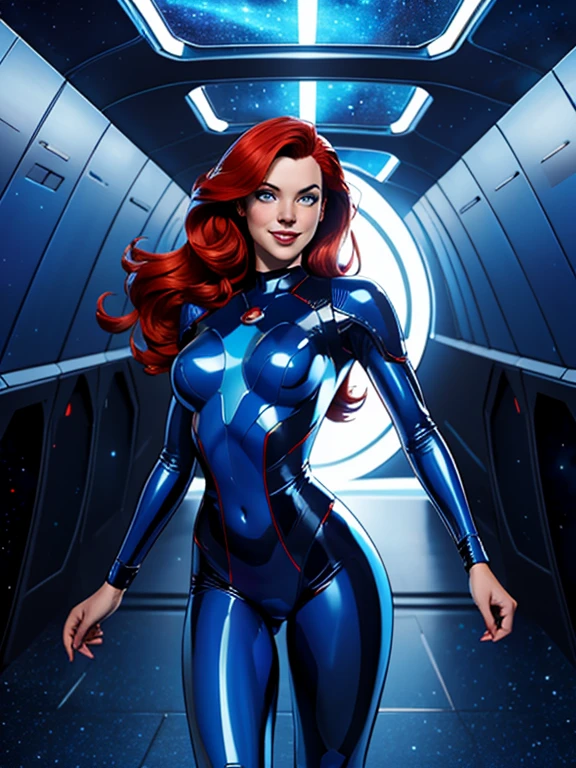 Best quality, 4K, american comics art style, vintage space beautiful woman,long red hair,looking to observer,little smile,light blue and dark blue tight latex suit under shine hi-tech armor,spaceship corridor scenario, dramatic lights
