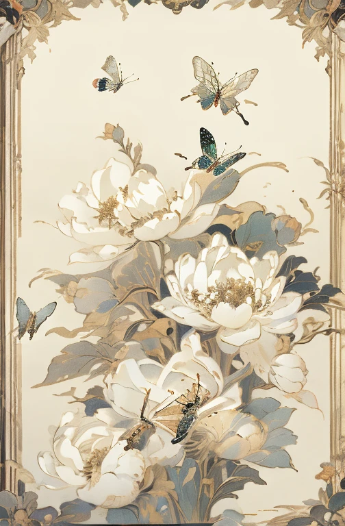 (masterpiece, best quality),ukiyoe, frame, depth of field, highest quality, ultra detail, Alphonse Mucha, art nouveau, chinese style guofeng, Trigger word black theme,gold edge, If there are too few butterflies，You can add butterfly