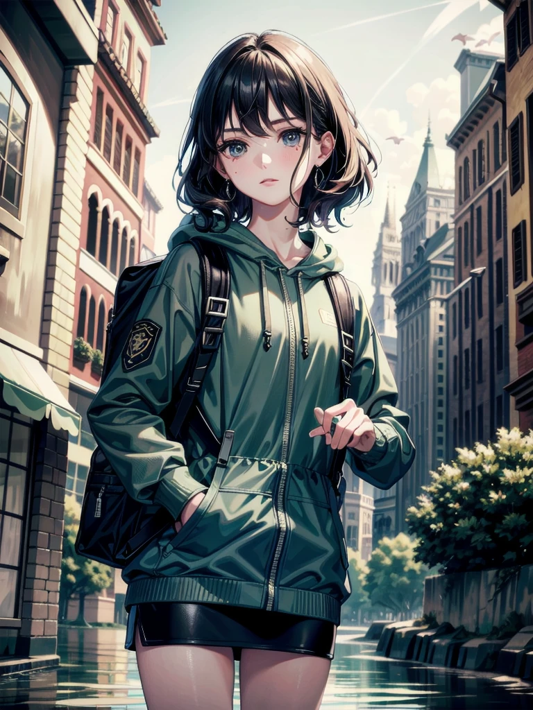 absurdres, RAW photo, extremely delicate and beautiful, masterpiece, Best Quality, ultra high resolution, 32k, hyperrealistic, ultra-detailed, detailed beautiful face and eyes, tearful mole, earring, short medium hair, wavy hair, Fishing lure rod, Outdoor Vest, hoodie, Big backpack,