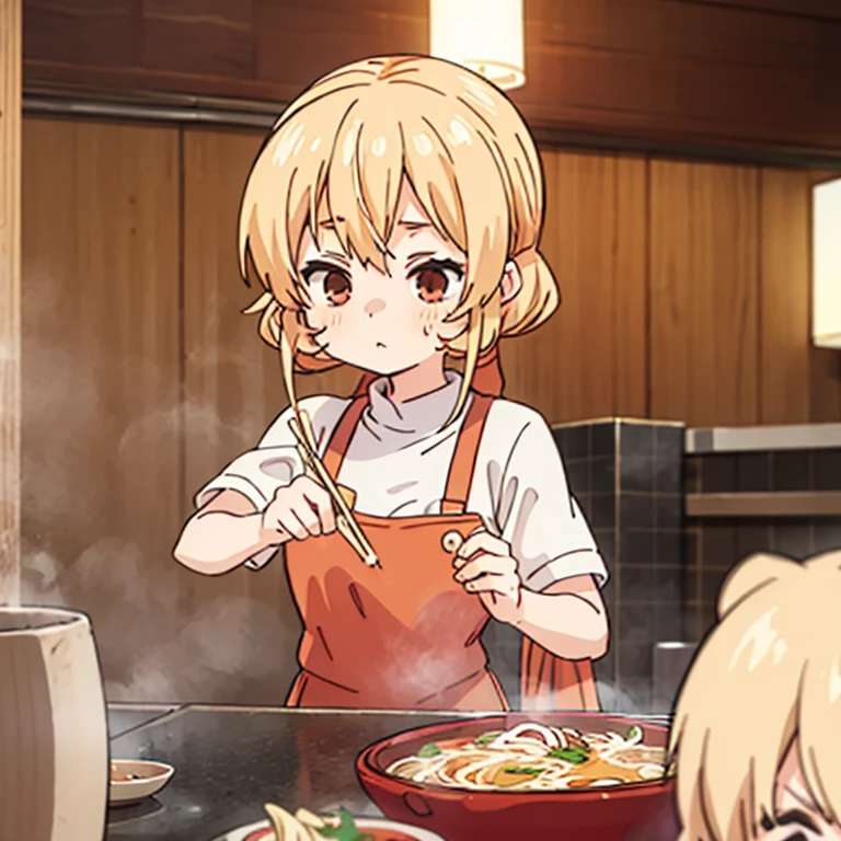 A blonde woman with a towel wrapped around her head boiling ramen at a ramen shop Wearing an apron